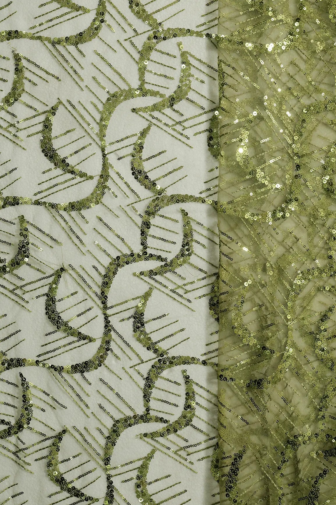 1.75 Meter Cut Piece Of Beautiful Sequins With Dark Olive Thread Abstract Embroidery On Dark Olive Soft Net Fabric - doeraa
