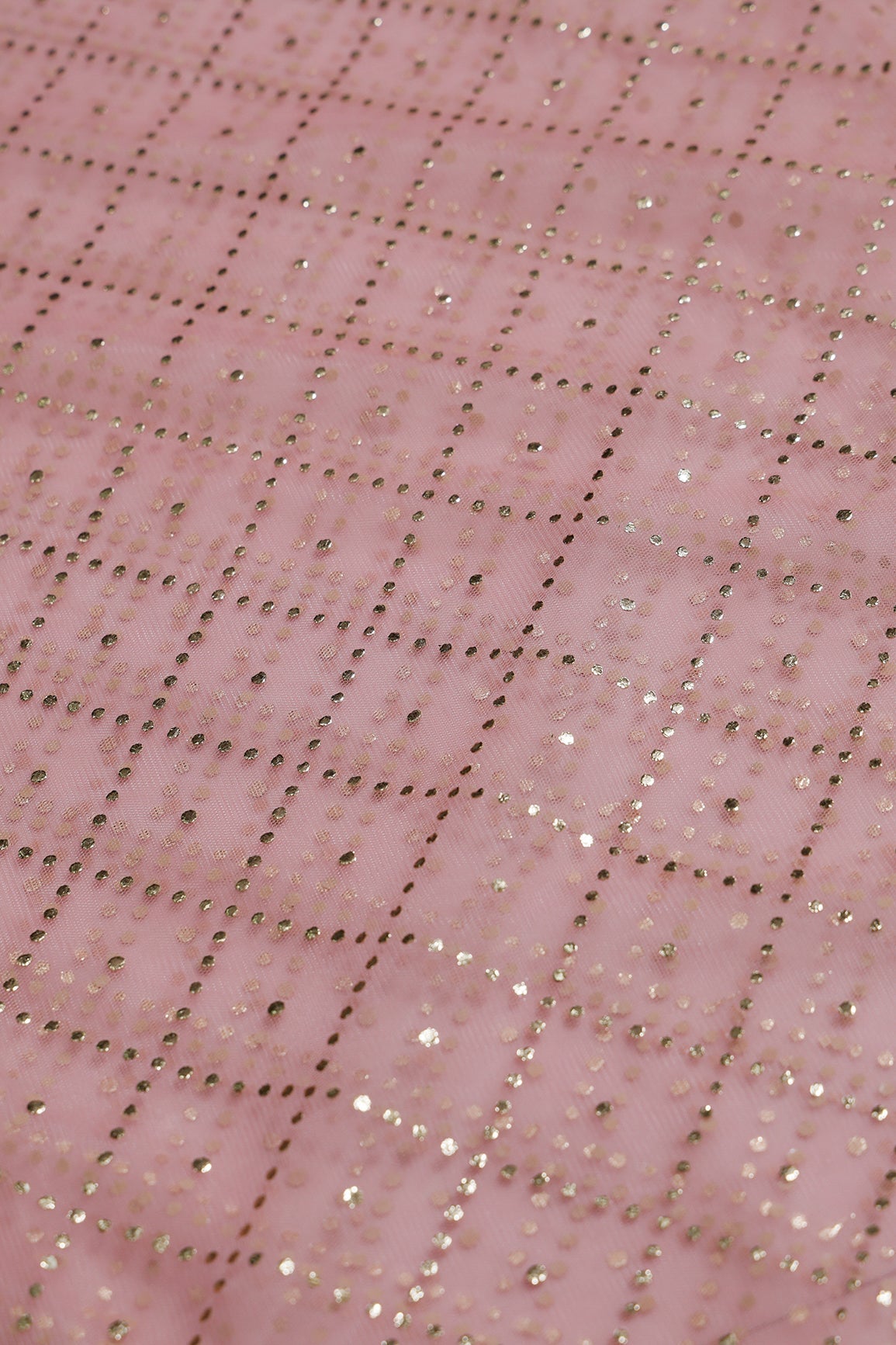 1.75 Meter Cut Piece Of Checks Pattern With Foil Print On Baby Pink Soft Net Fabric - doeraa