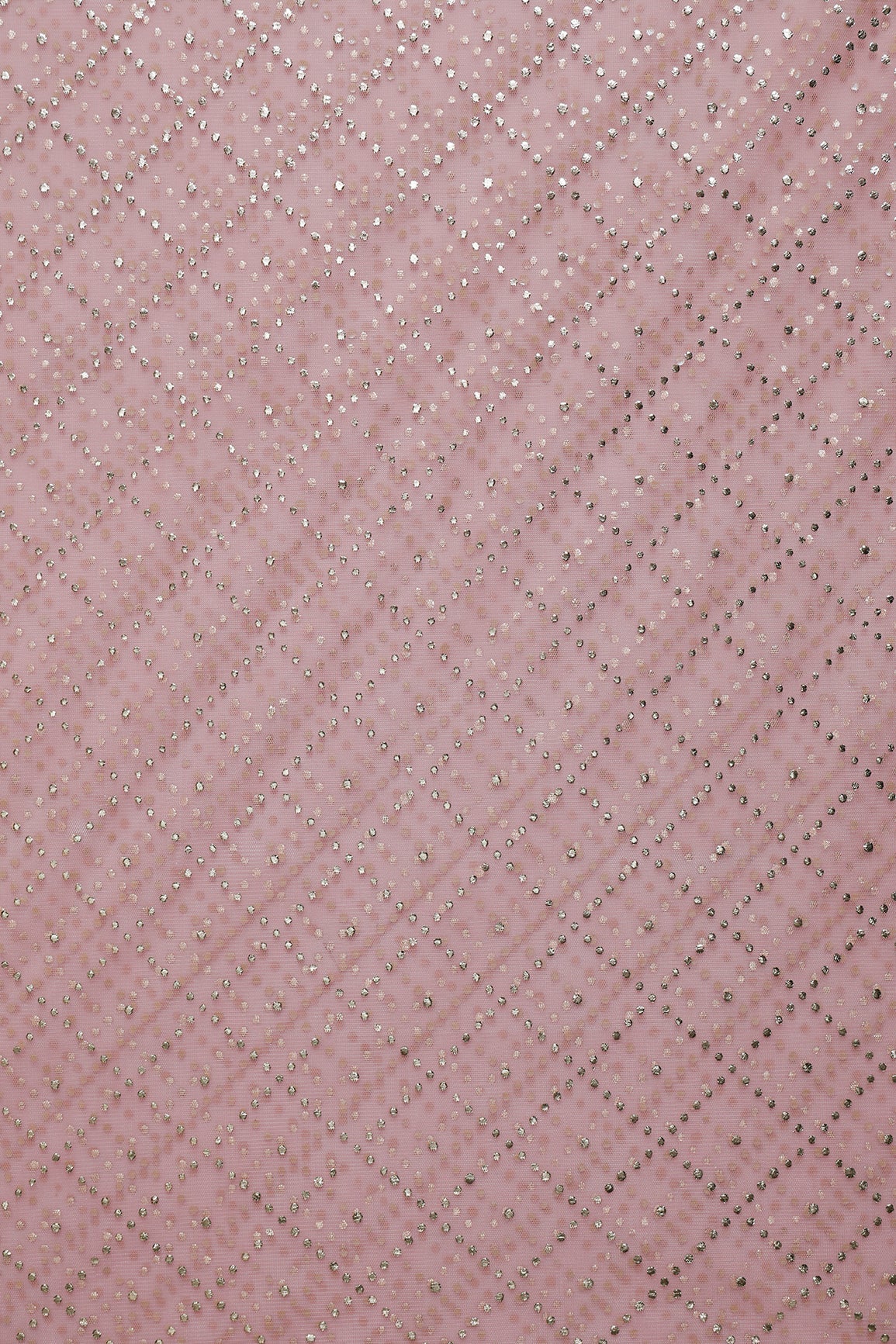 1.75 Meter Cut Piece Of Checks Pattern With Foil Print On Baby Pink Soft Net Fabric - doeraa