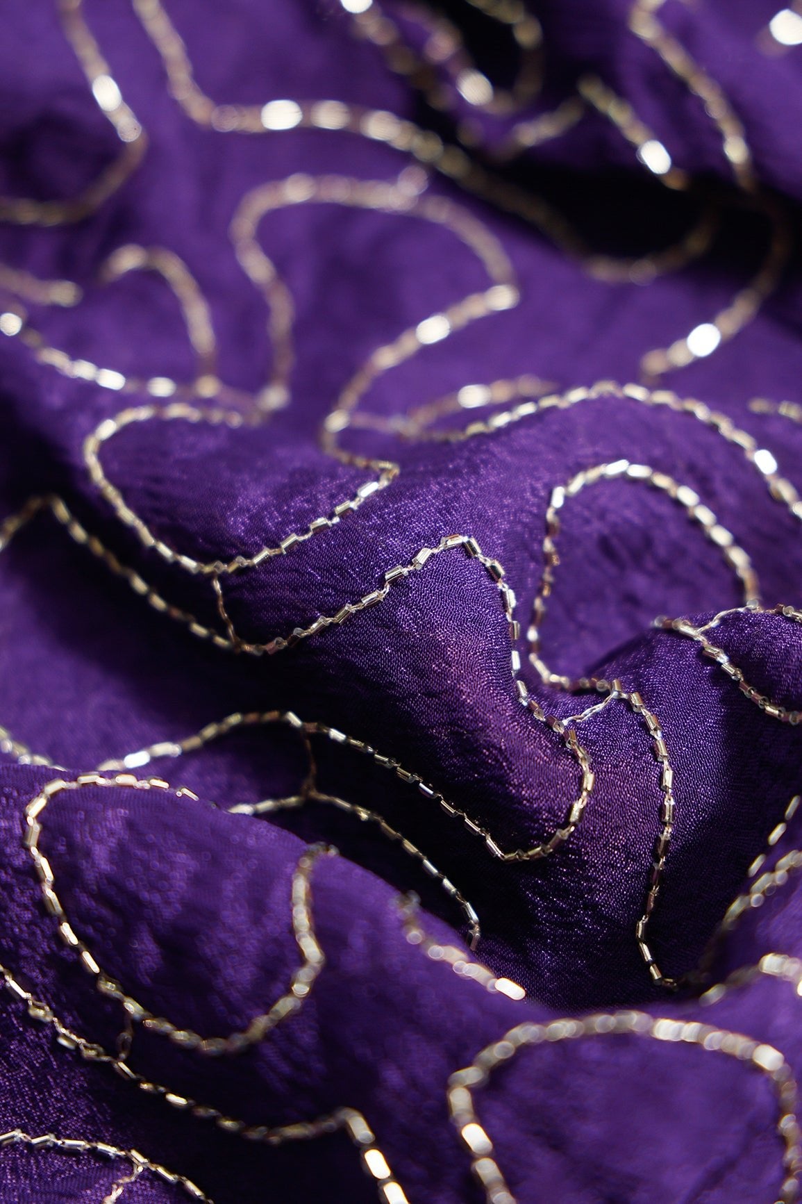 1.75 Meter Cut Piece Of Cut Dana Beads Appealing Abstract Embroidery Work On Purple Chinnon Chiffon Fabric - doeraa