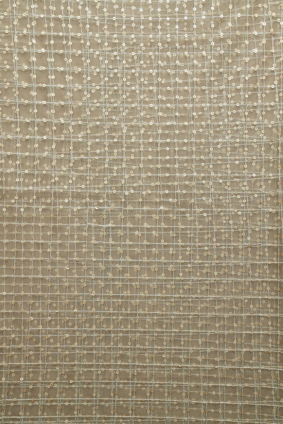 1.75 Meter Cut Piece Of Gold Sequins Checks Embroidery Work On Olive Soft Net Fabric - doeraa