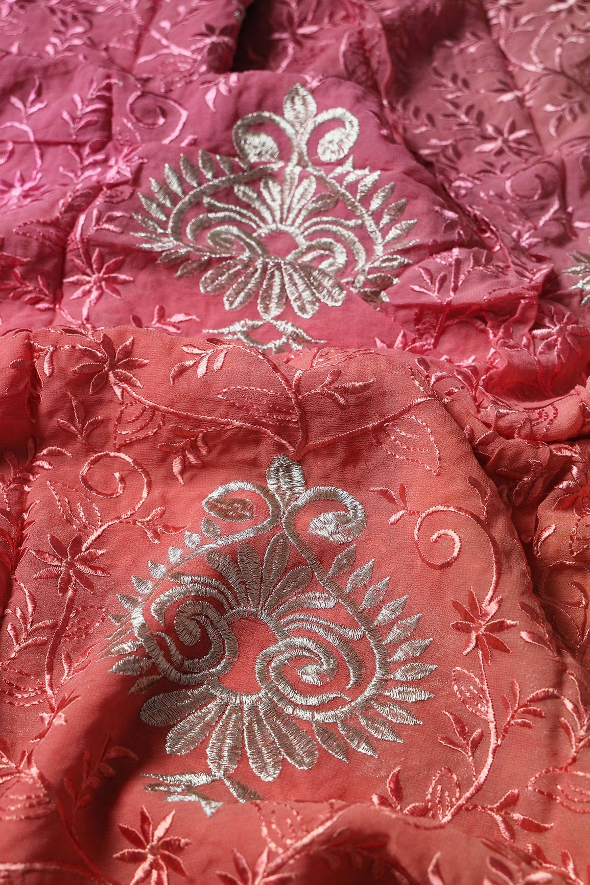 1.75 Meter Cut Piece Of Multi Thread With Silver Zari Floral Embroidery On Multi Color Viscose Georgette Fabric - doeraa