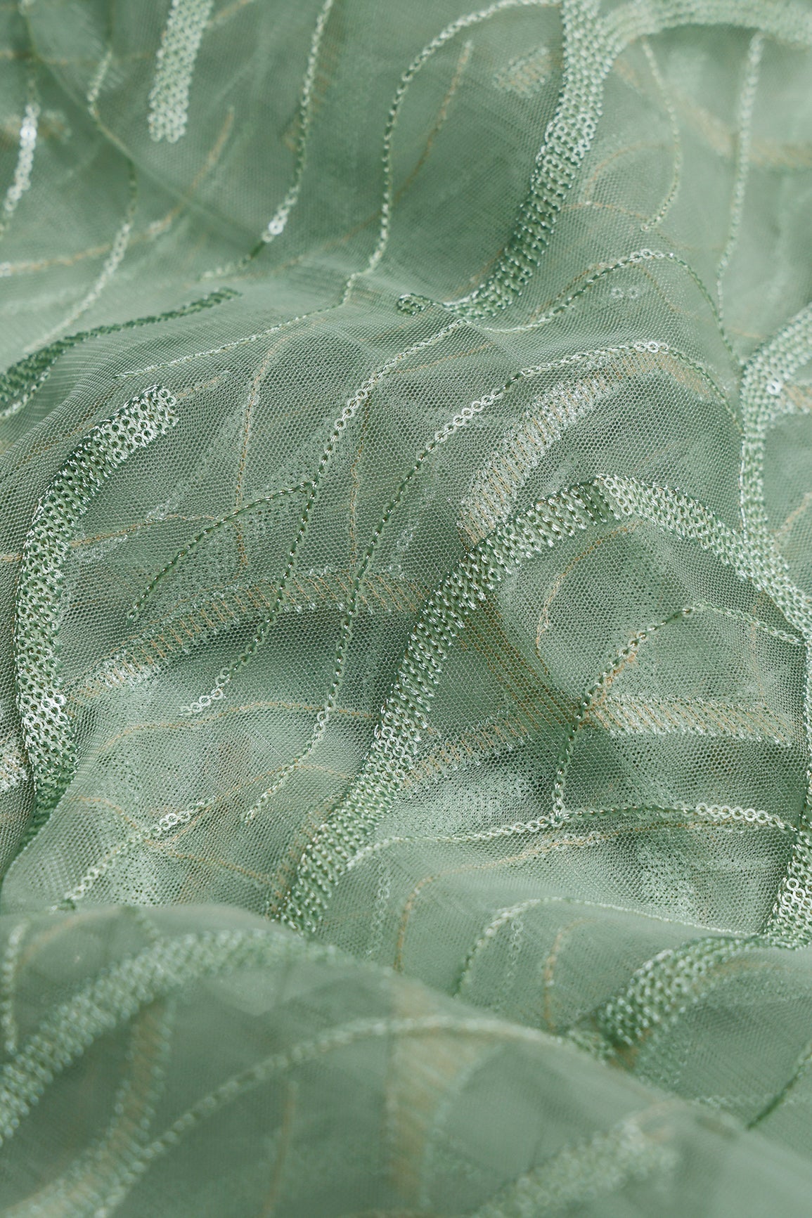 1.75 Meter Cut Piece Of Olive Thread With Sequins Abstract Embroidery Work On Olive Soft Net Fabric - doeraa