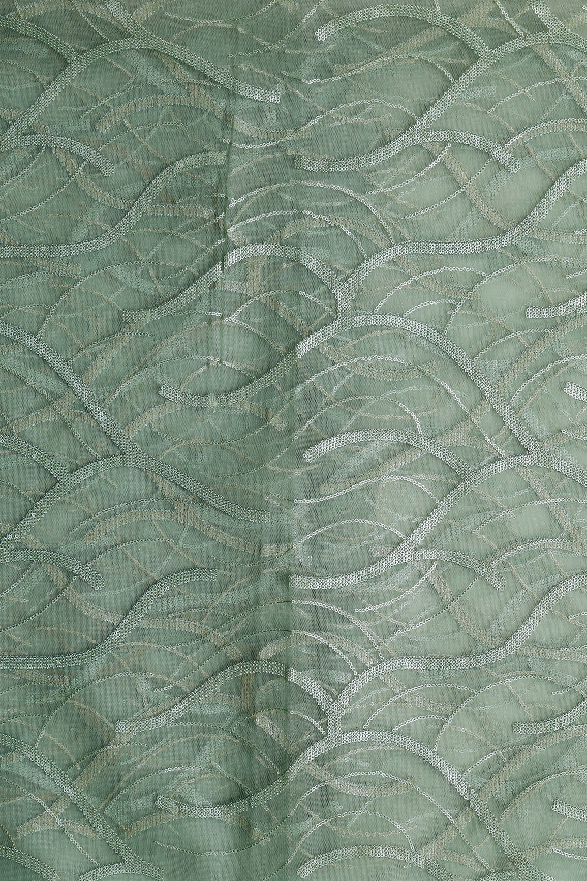 1.75 Meter Cut Piece Of Olive Thread With Sequins Abstract Embroidery Work On Olive Soft Net Fabric - doeraa