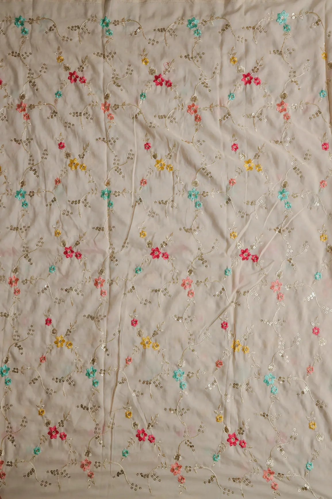 1.75 Meter Cut Piece Of Pink And Sky Thread With Gold Sequins Floral Embroidery On Cream Muslin Fabric - doeraa