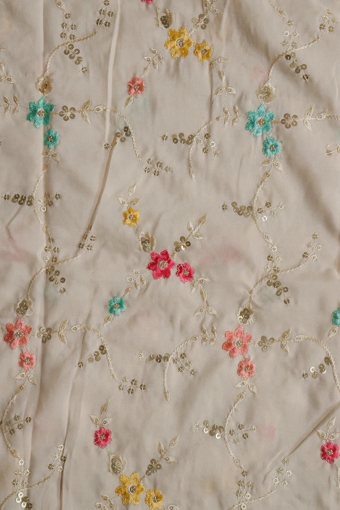 1.75 Meter Cut Piece Of Pink And Sky Thread With Gold Sequins Floral Embroidery On Cream Muslin Fabric - doeraa