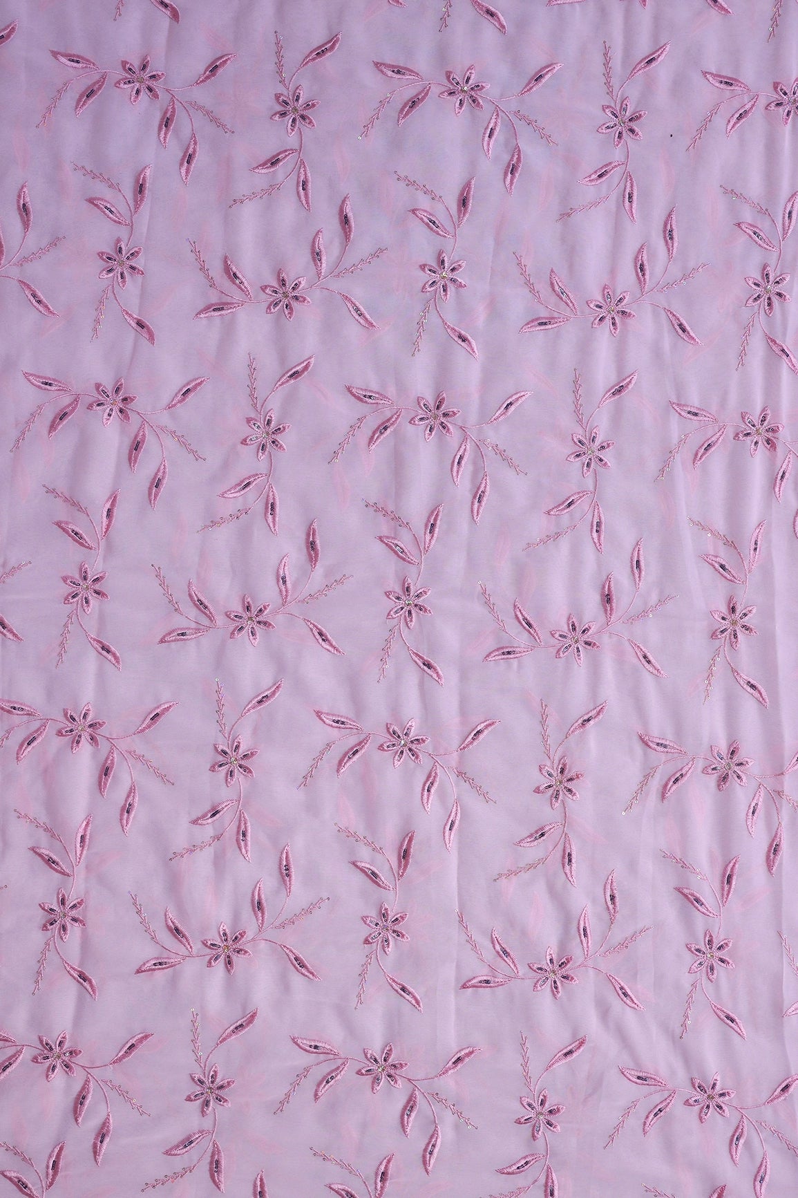 1.75 Meter Cut Piece Of Pink Thread With Sequins Floral Embroidery On Pink Georgette Fabric - doeraa
