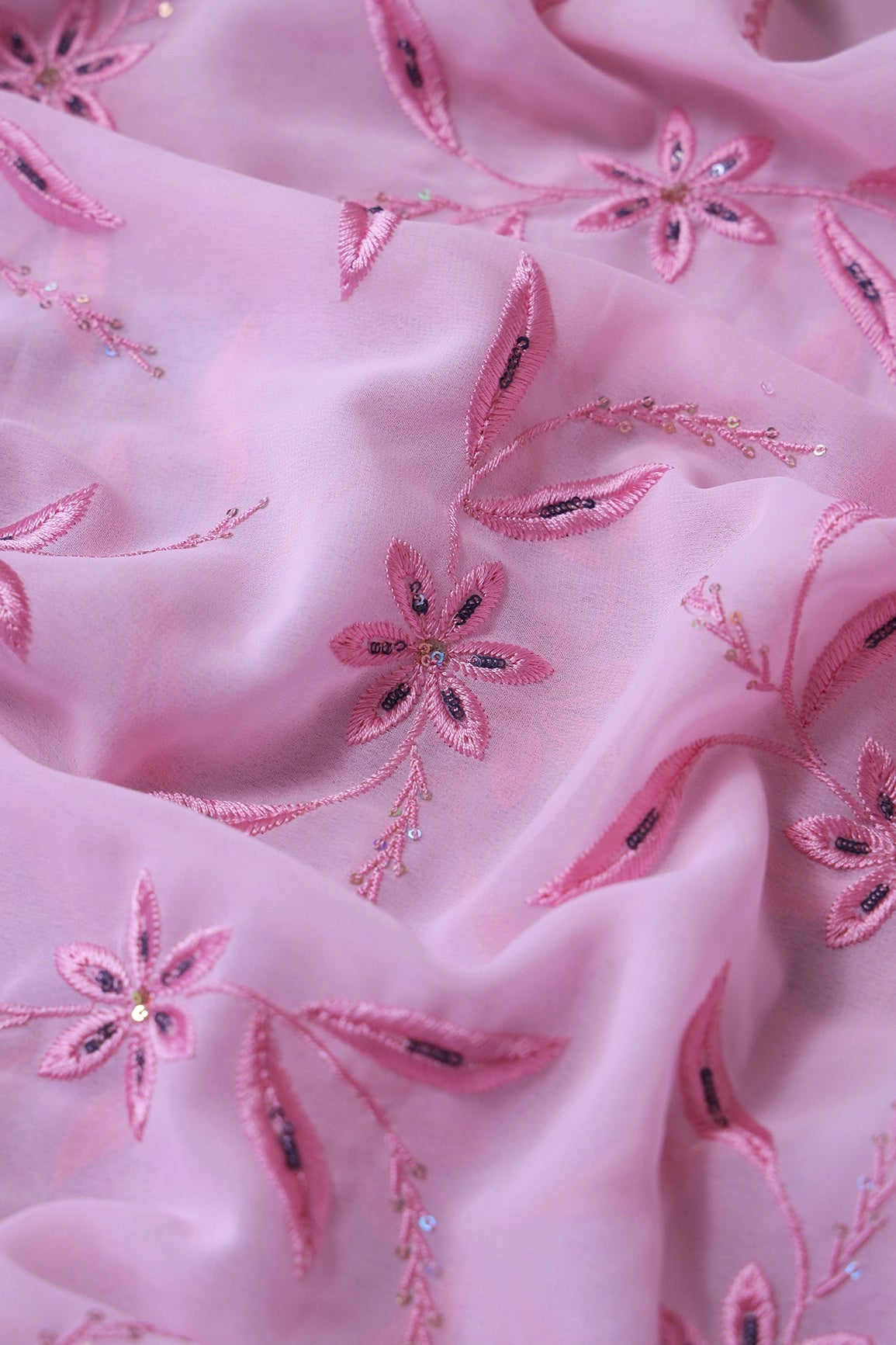 1.75 Meter Cut Piece Of Pink Thread With Sequins Floral Embroidery On Pink Georgette Fabric - doeraa