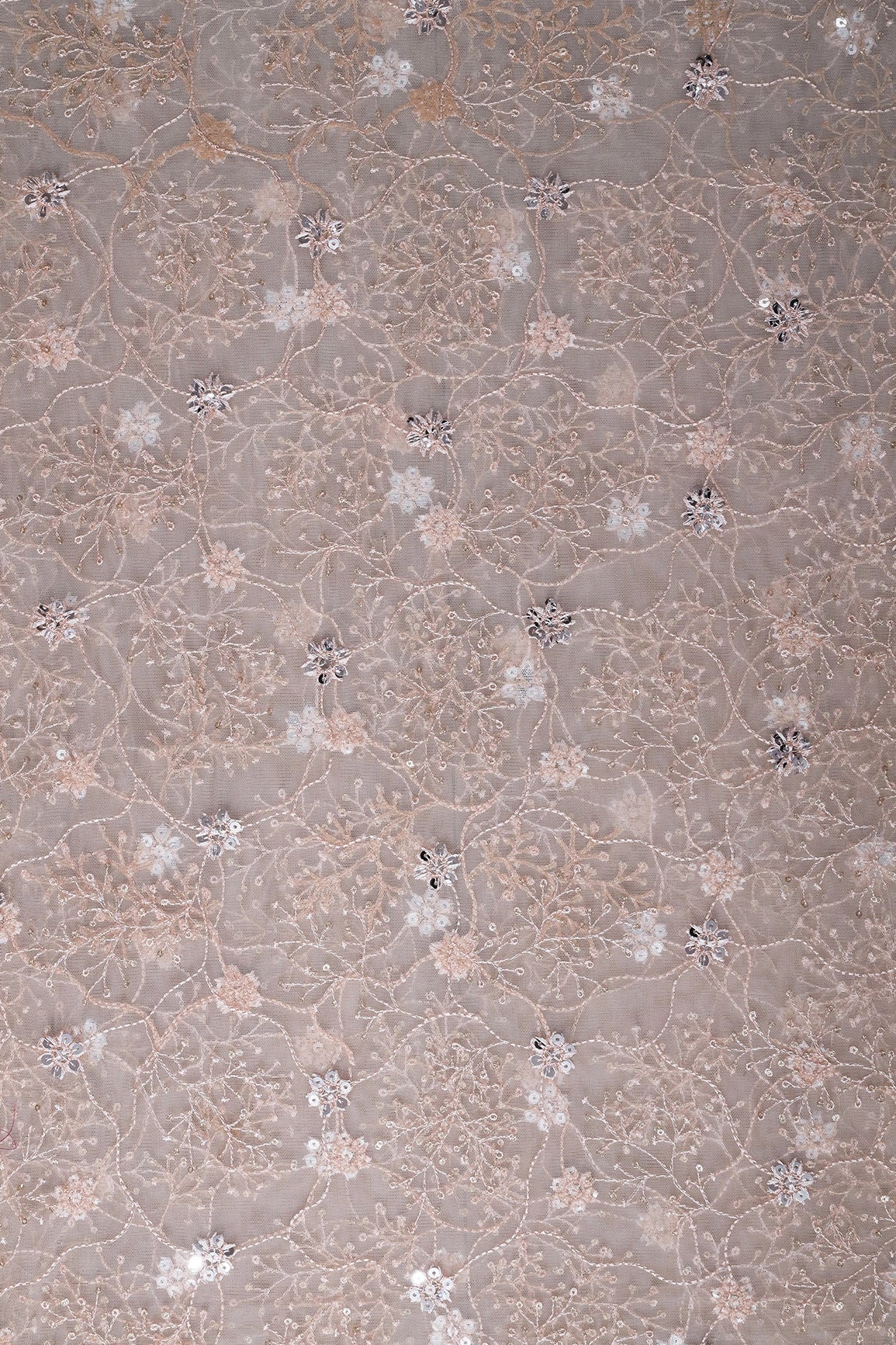 1.75 Meter Cut Piece Of Silver Sequins With Peach Thread Embroidery On Cream Soft Net Fabric - doeraa