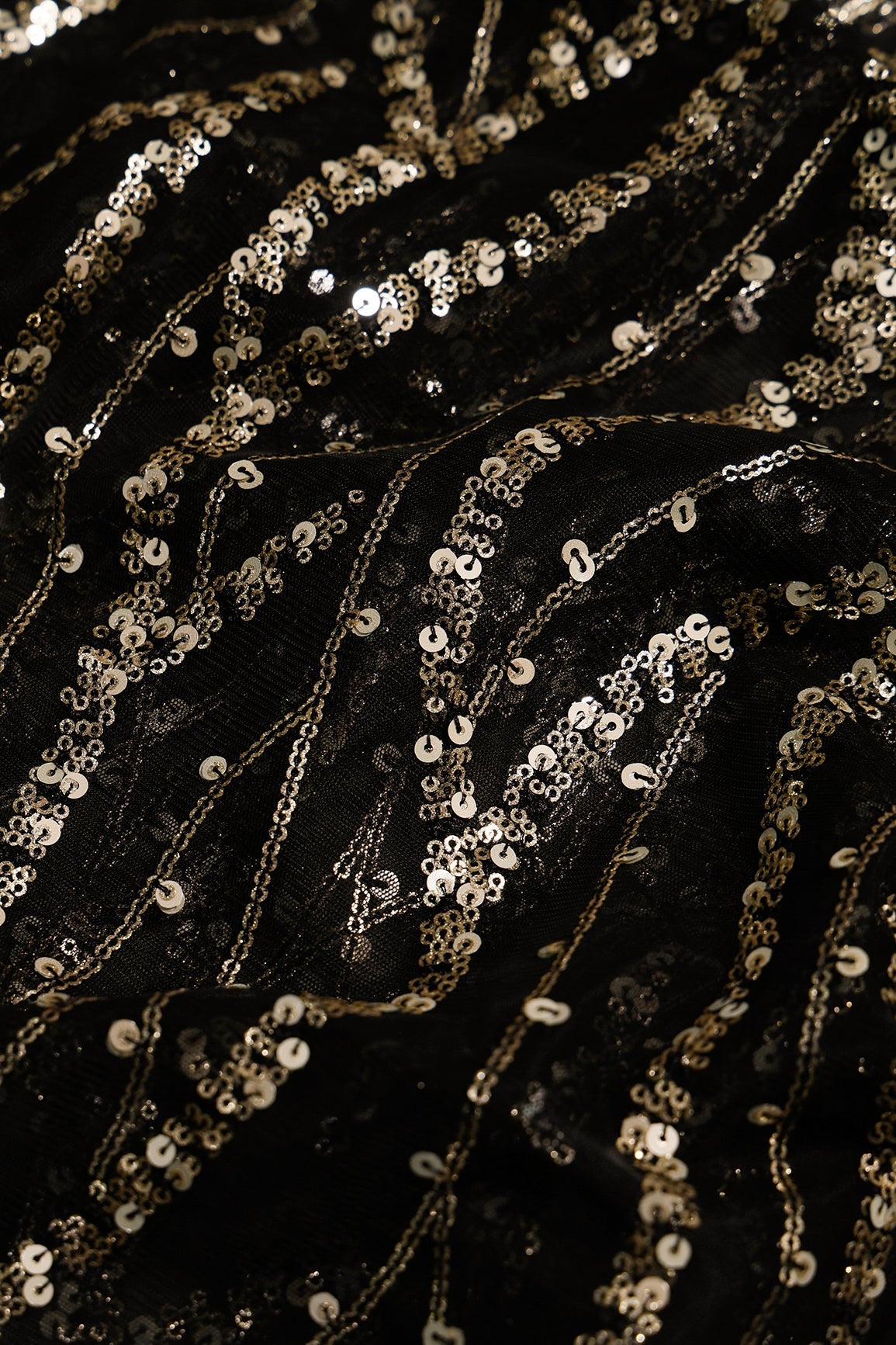 1.75 Meter Cut Piece Of Wavy Black and Gold Sequins Embroidery Work On Black Soft Net Fabric - doeraa