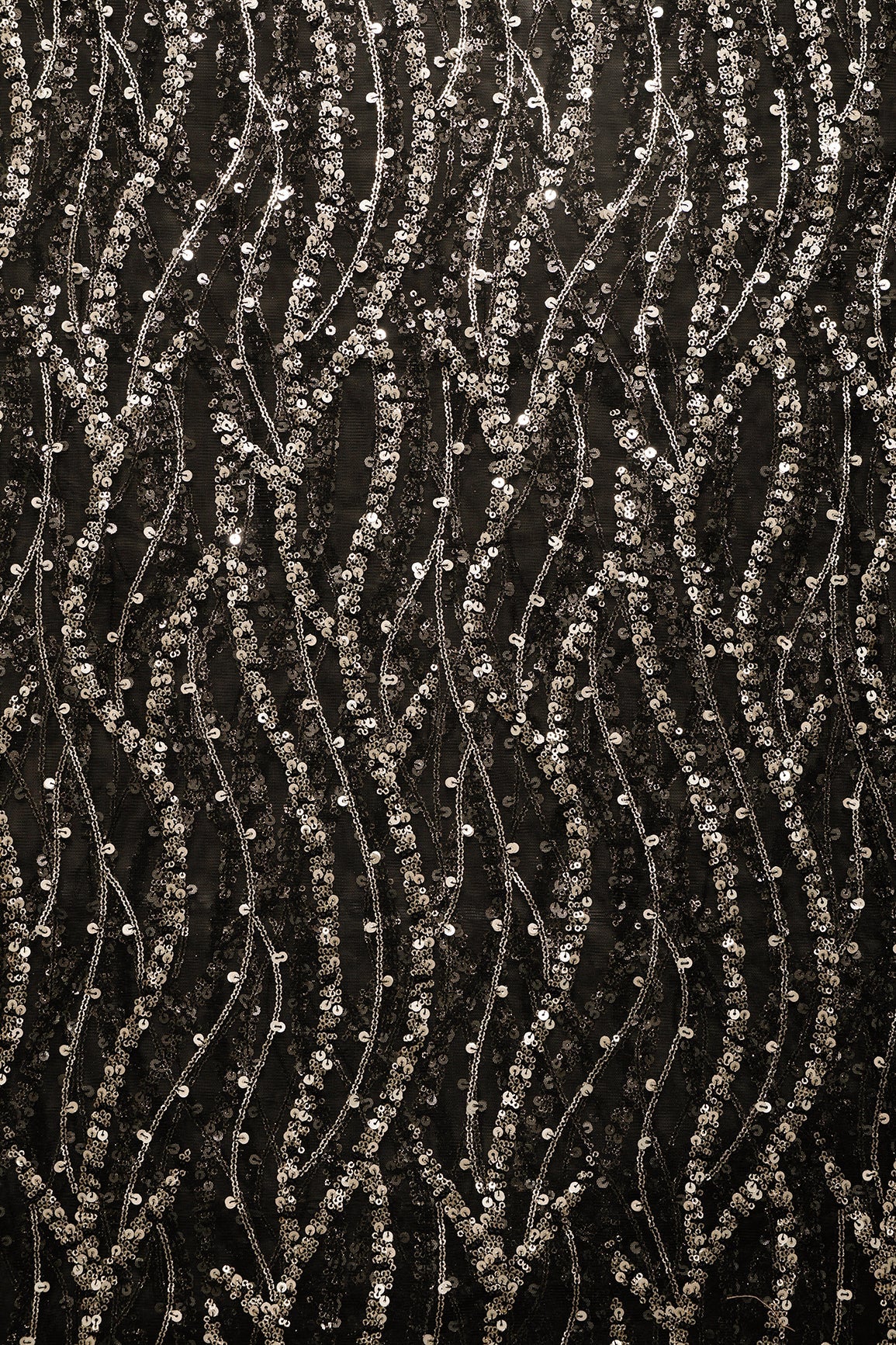 1.75 Meter Cut Piece Of Wavy Black and Gold Sequins Embroidery Work On Black Soft Net Fabric - doeraa