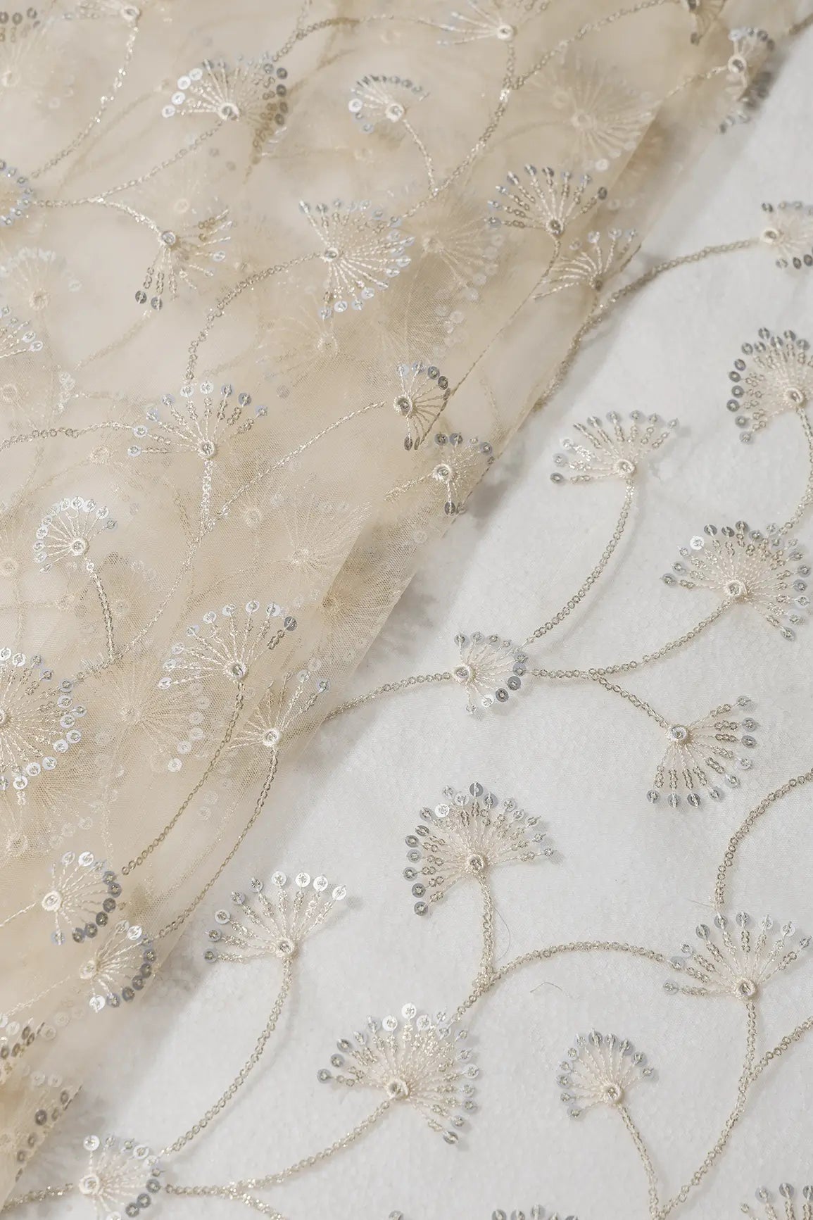1.90 Meter Cut Piece Of Gold And Silver Sequins With Beige Thread Floral Embroidery Work On Beige Soft Net Fabric - doeraa