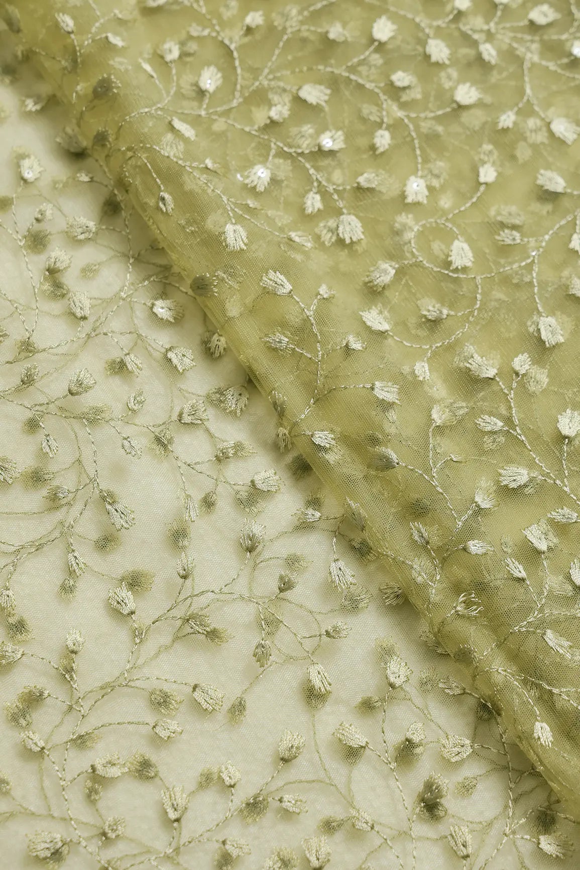 1.90 Meter Cut Piece Of Olive Thread With Water Sequins Leafy Embroidery On Olive Soft Net Fabric - doeraa