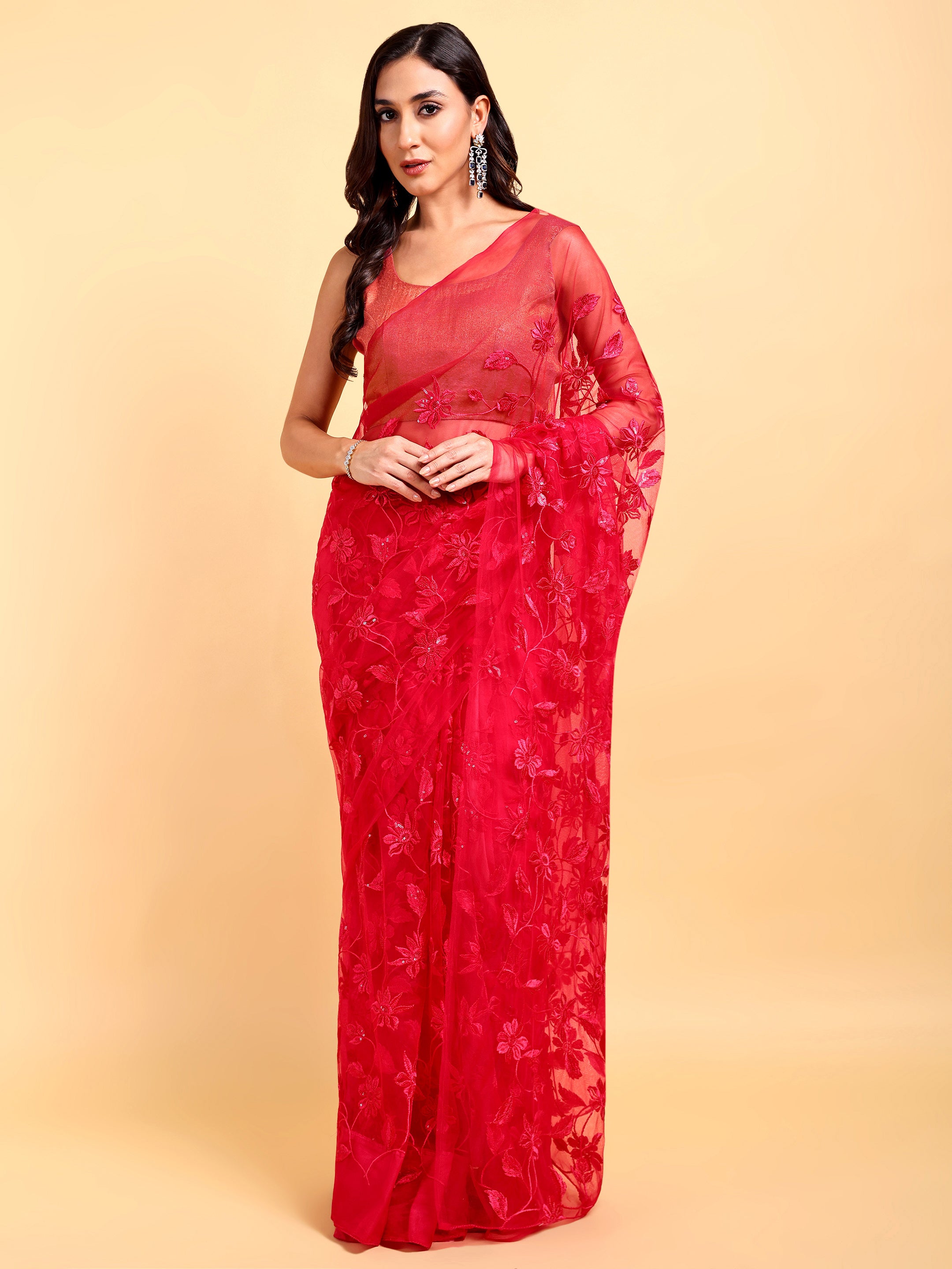 Cherry Red Saree Set (2 Piece)