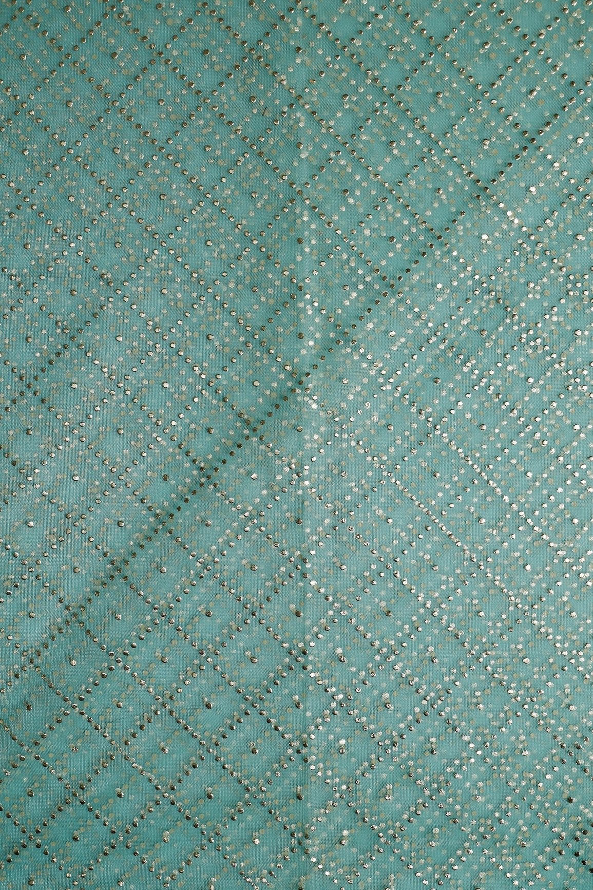 2 Meter Cut Piece Of Checks Pattern With Foil Print On Sea Green Soft Net Fabric - doeraa