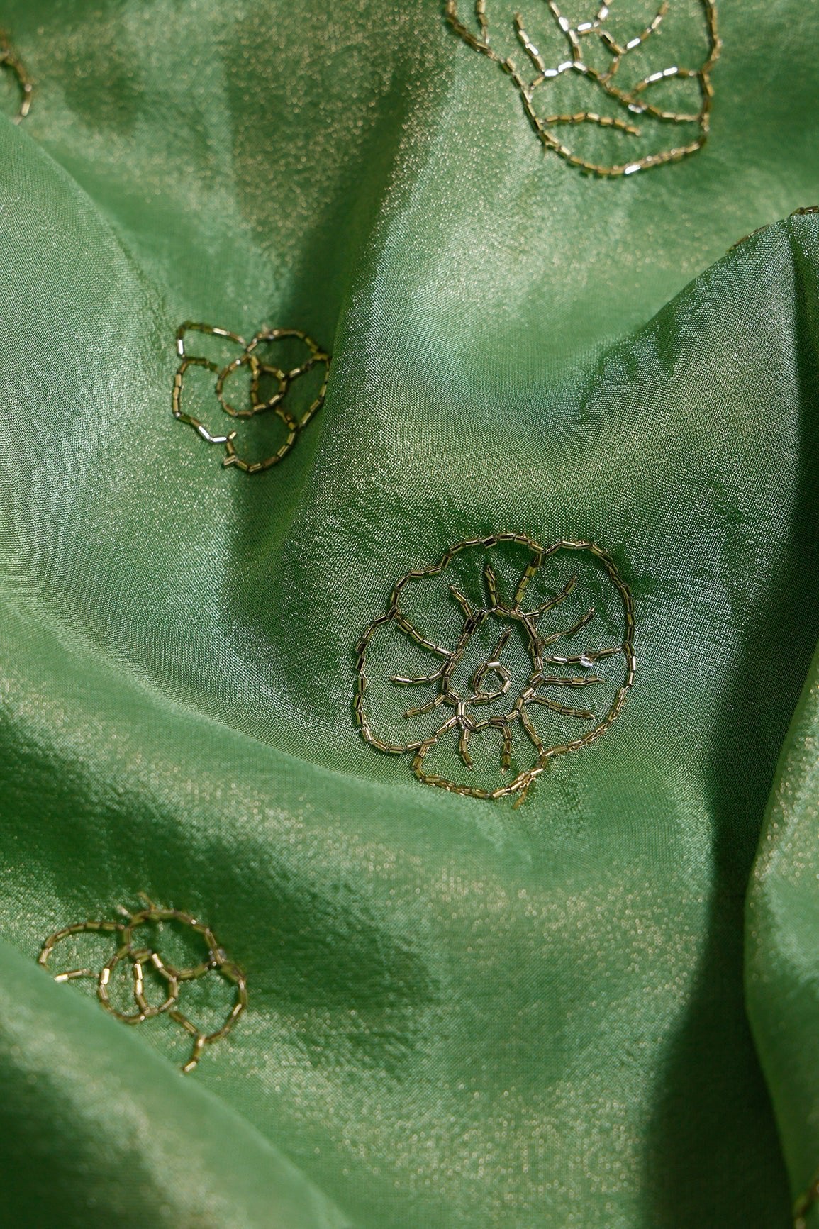 2 Meter Cut Piece Of Cut Dana Beads Floral Embroidery Work On Olive Pure Viscose Zari Tissue Fabric - doeraa