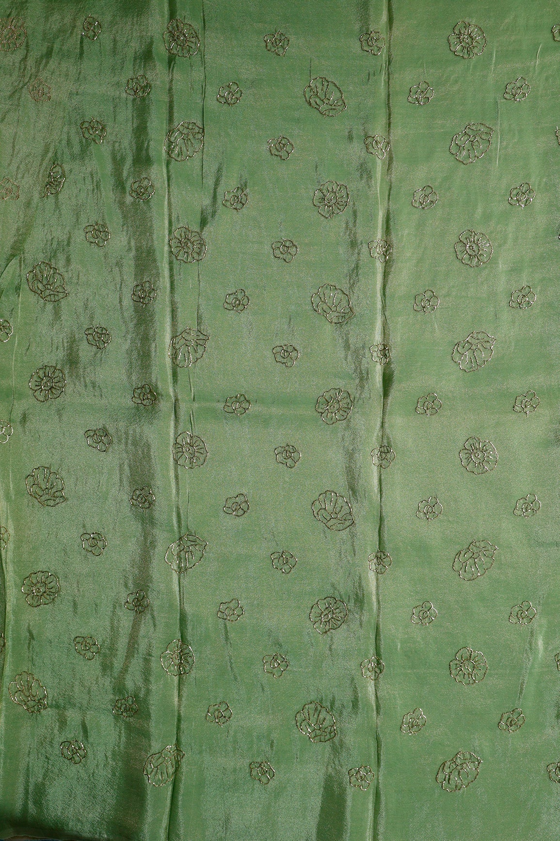2 Meter Cut Piece Of Cut Dana Beads Floral Embroidery Work On Olive Pure Viscose Zari Tissue Fabric - doeraa