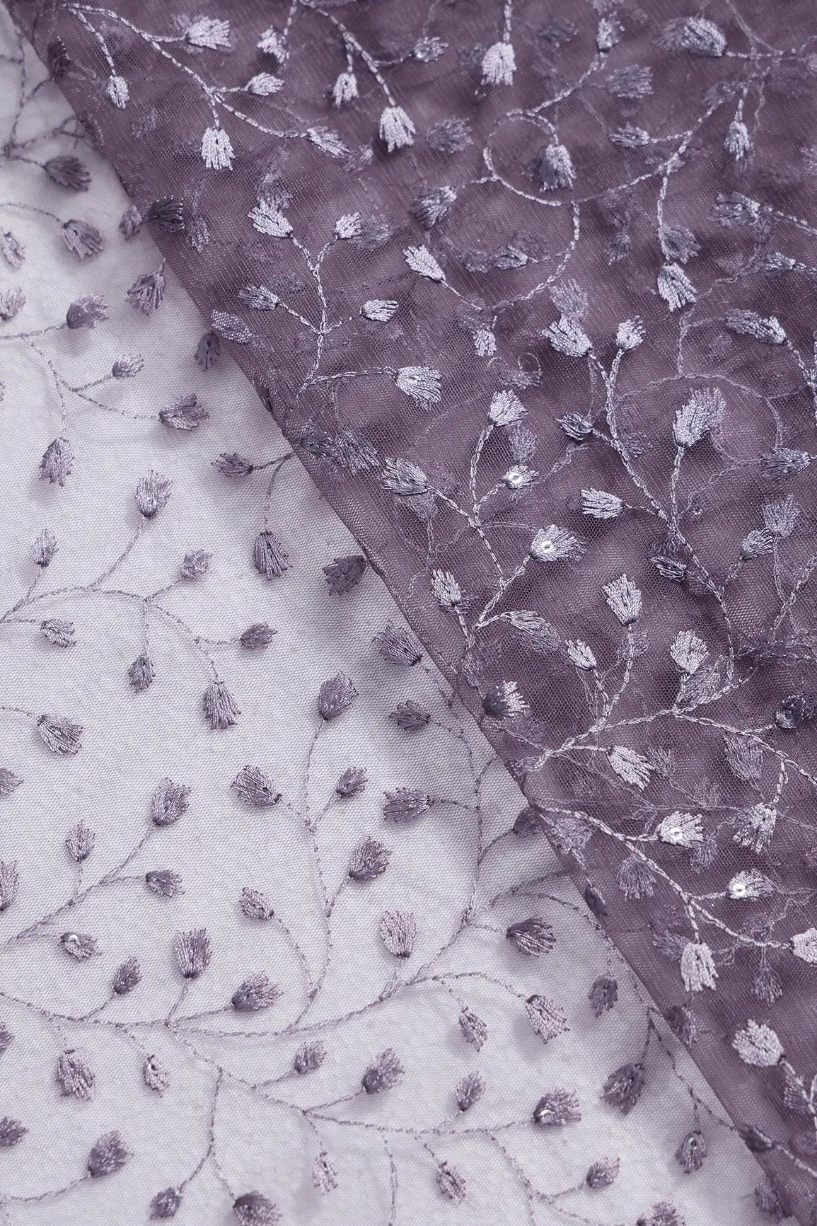 2 Meter Cut Piece Of Dusty Purple Thread With Water Sequins Leafy Embroidery On Dusty Purple Soft Net Fabric - doeraa