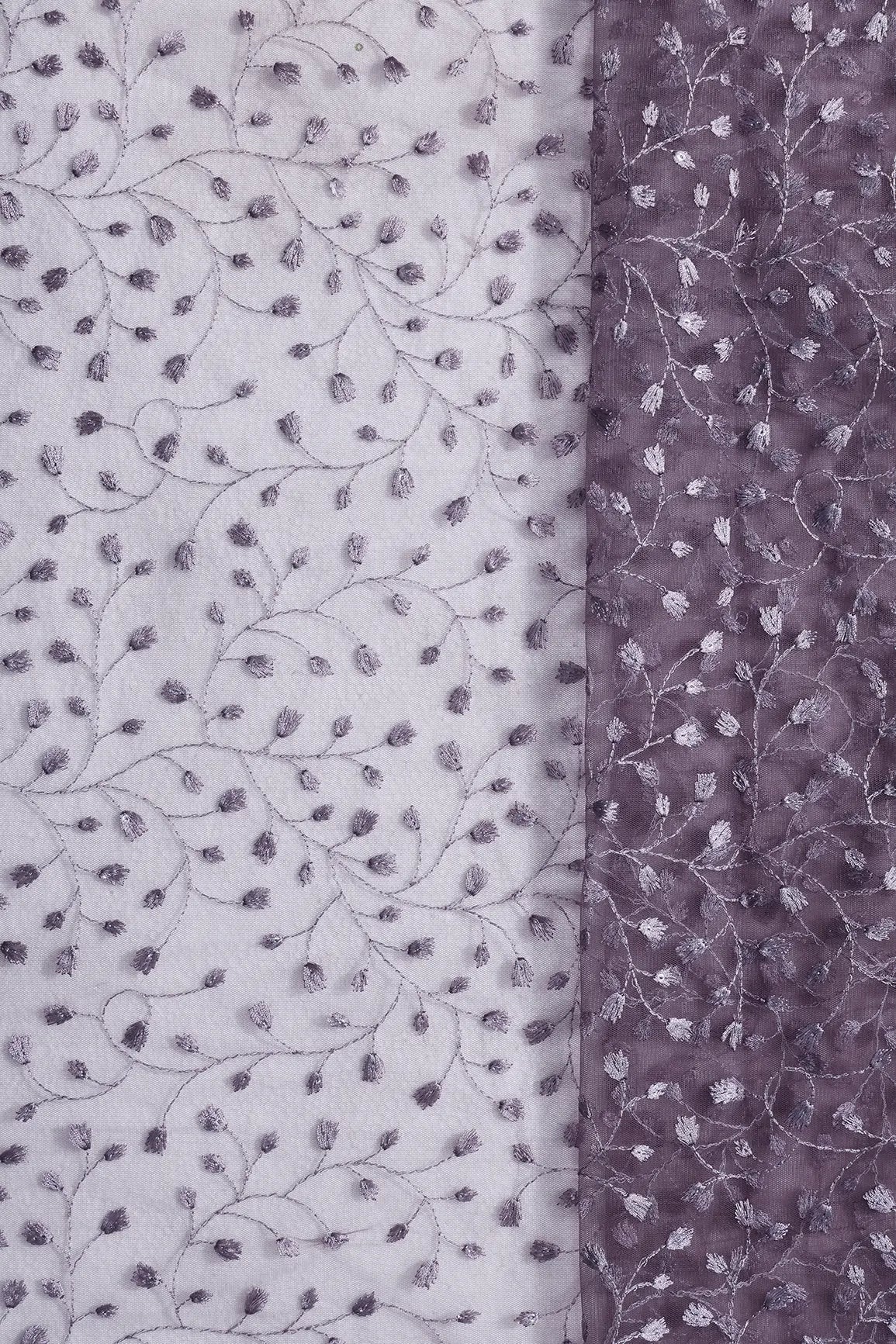 2 Meter Cut Piece Of Dusty Purple Thread With Water Sequins Leafy Embroidery On Dusty Purple Soft Net Fabric - doeraa