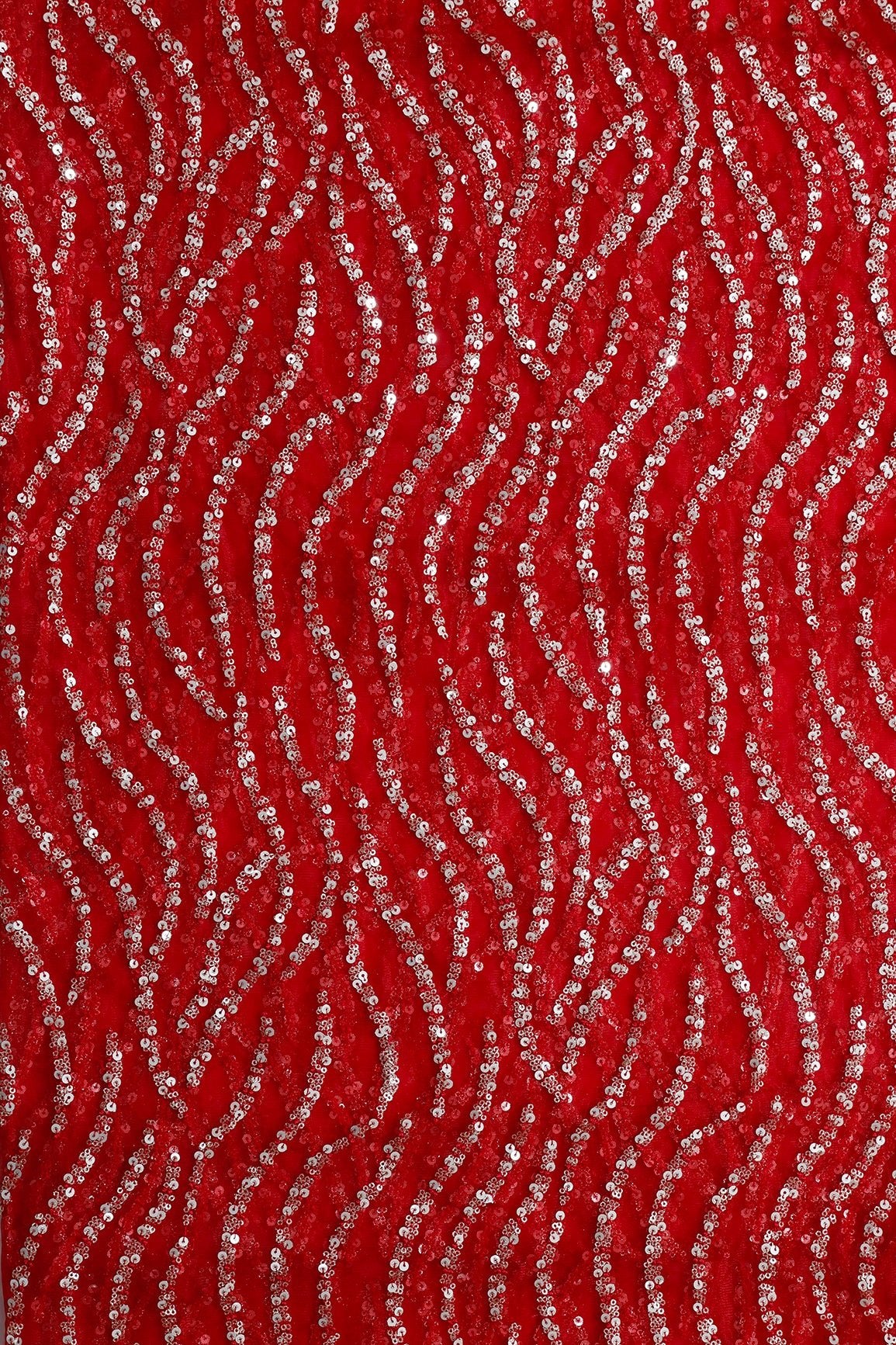 2 Meter Cut Piece Of Gold And Silver Sequins With Red Thread Wavy Embroidery Work On Red Soft Net Fabric - doeraa