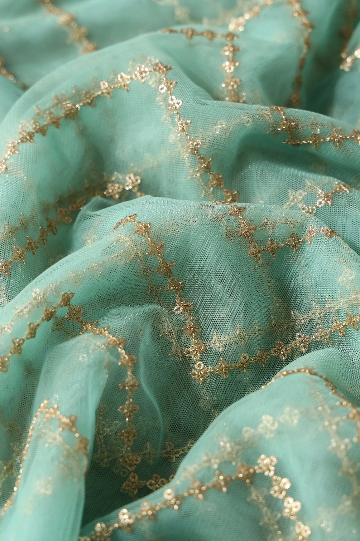 2 Meter Cut Piece Of Gold Sequins Chevron Embroidery On Teal Soft Net Fabric - doeraa