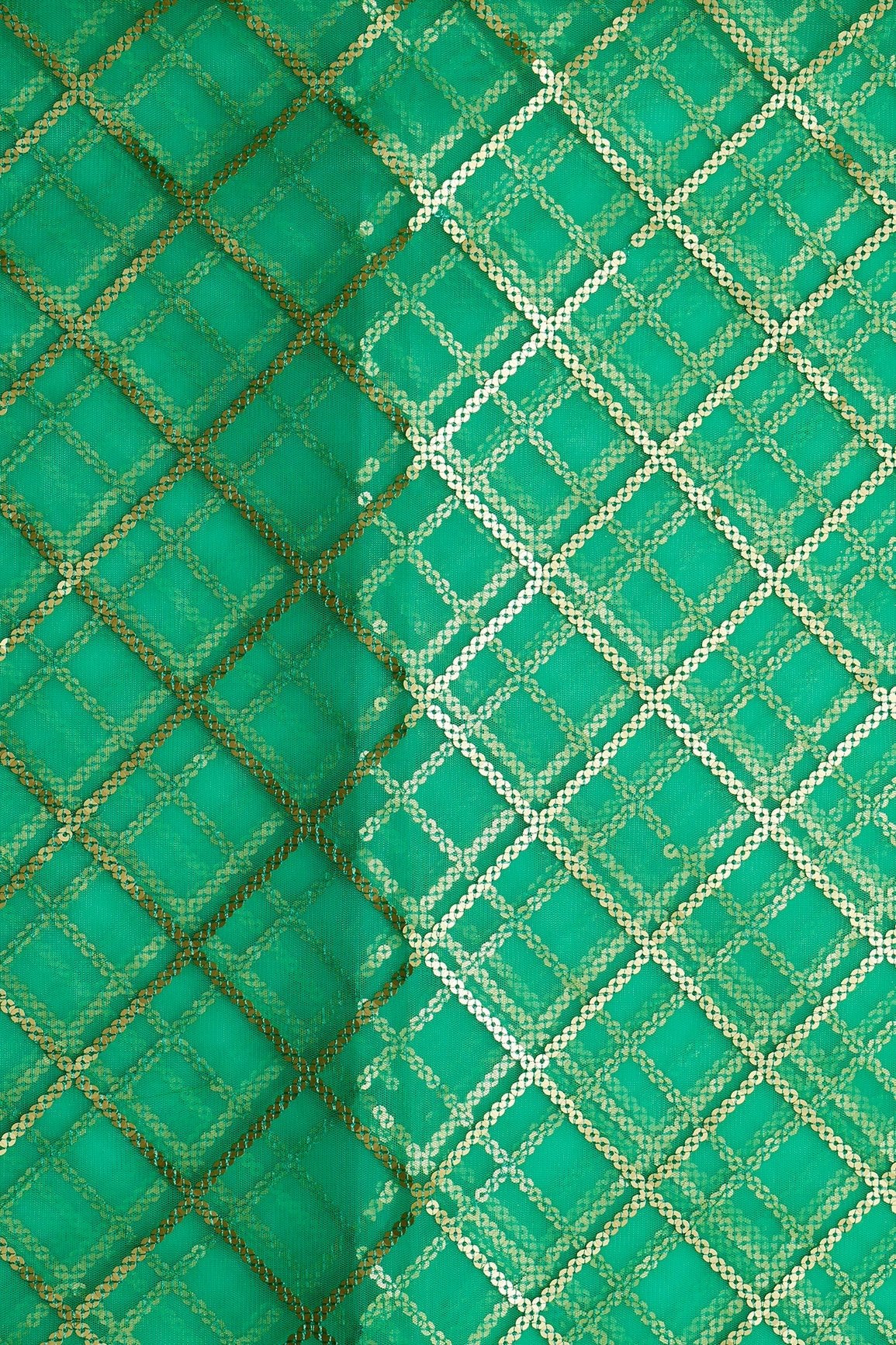 2 Meter Cut Piece Of Gold Sequins With Thread Checks Embroidery Work On Bright Sea Green Soft Net Fabric - doeraa
