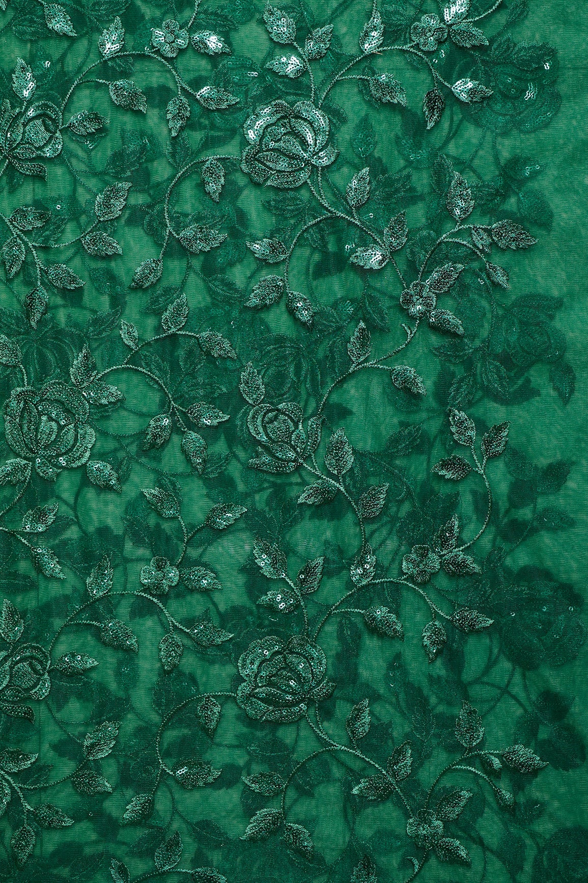 2 Meter Cut Piece Of Gorgeous Bottle Green Thread With Sequins Floral Leafy Embroidery On Bottle Green Soft Net Fabric - doeraa