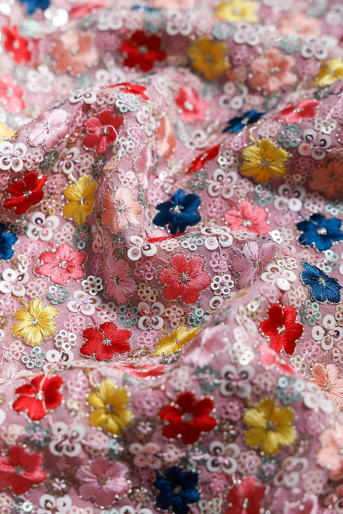 2 Meter Cut Piece Of Multi Color Thread With Sequins Fabulous Floral Embroidery On Gajri Viscose Georgette Fabric - doeraa