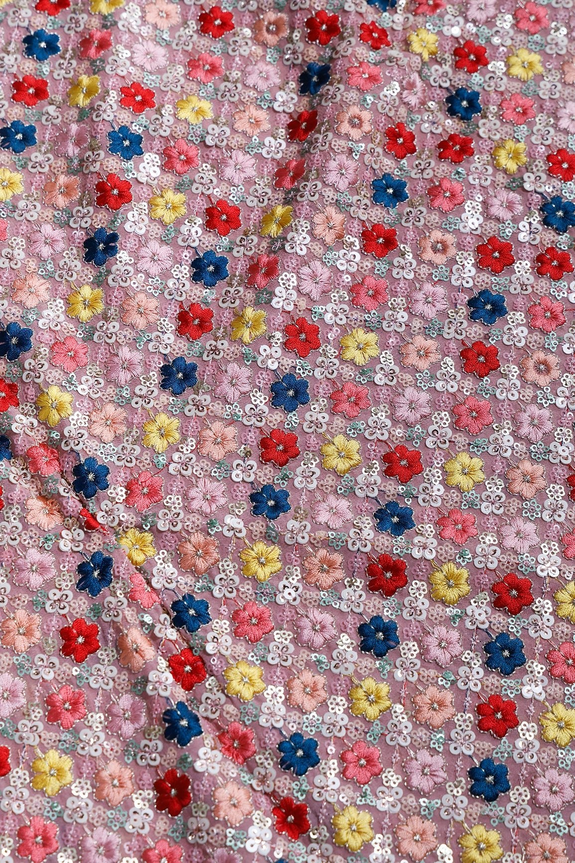 2 Meter Cut Piece Of Multi Color Thread With Sequins Fabulous Floral Embroidery On Gajri Viscose Georgette Fabric - doeraa