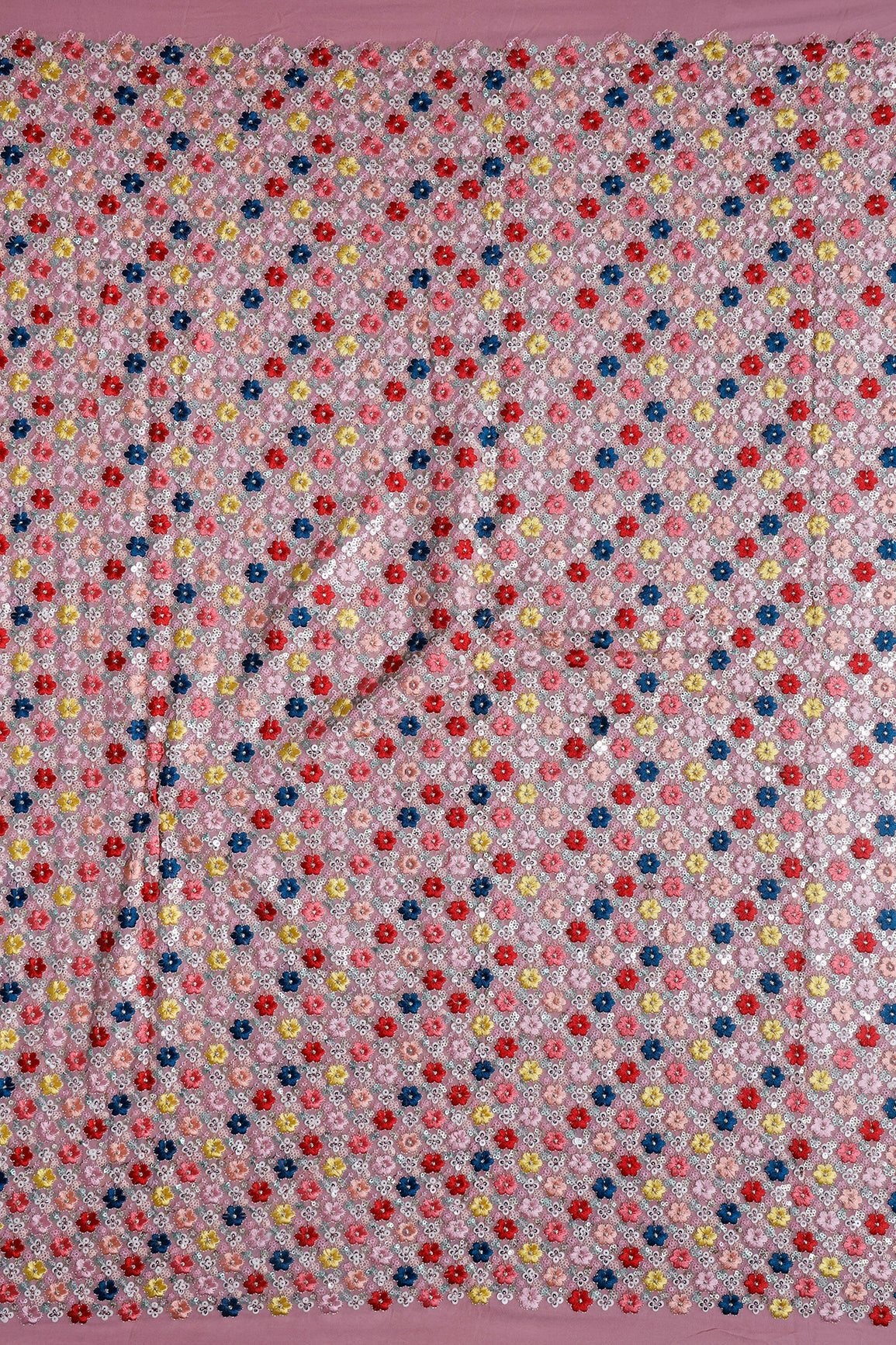 2 Meter Cut Piece Of Multi Color Thread With Sequins Fabulous Floral Embroidery On Gajri Viscose Georgette Fabric - doeraa