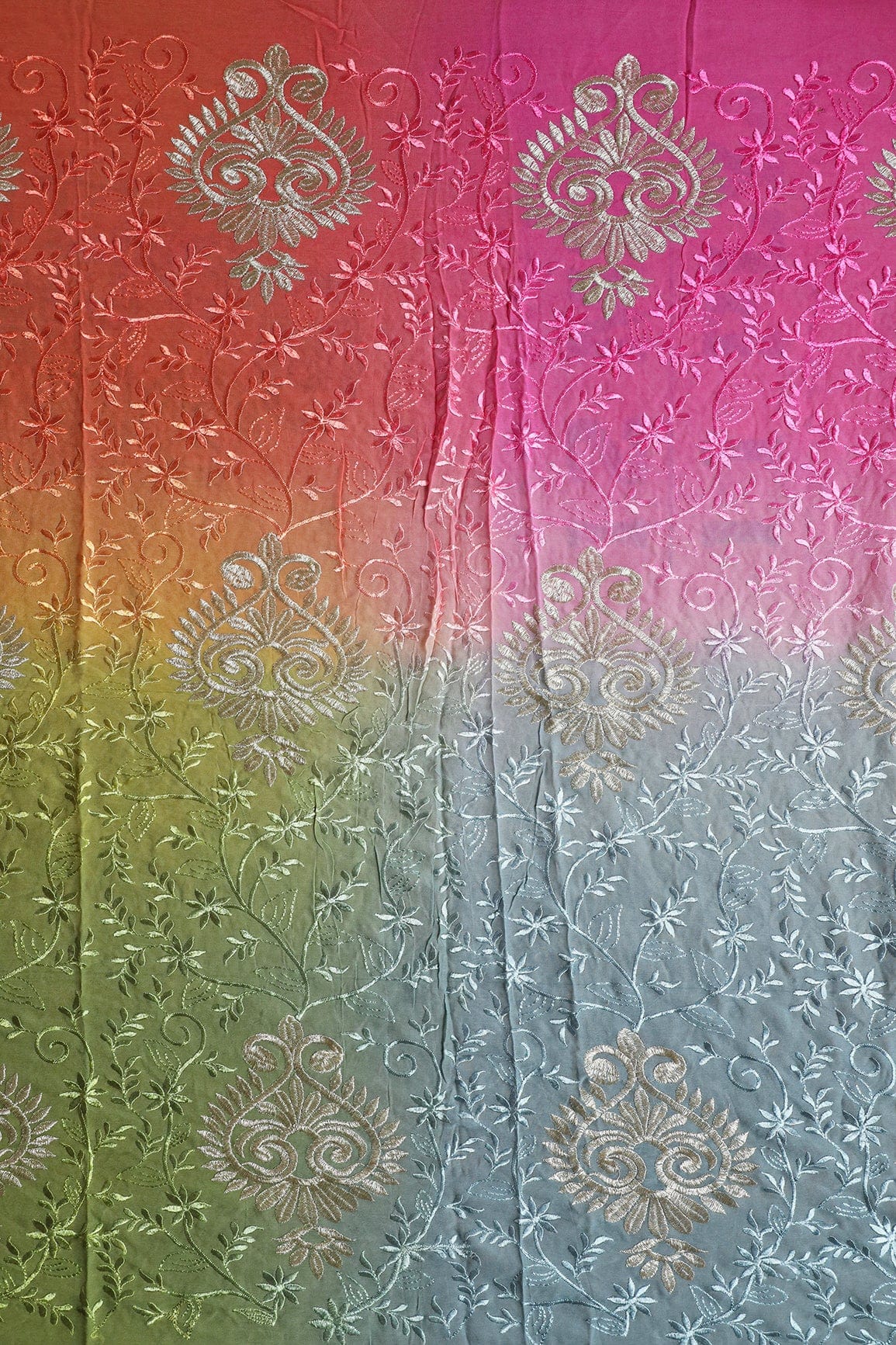 2 Meter Cut Piece Of Multi Thread With Silver Zari Floral Embroidery On Multi Color Viscose Georgette Fabric - doeraa