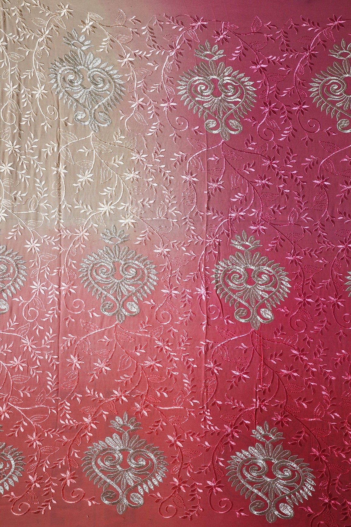 2 Meter Cut Piece Of Multi Thread With Silver Zari Floral Embroidery On Multi Color Viscose Georgette Fabric - doeraa