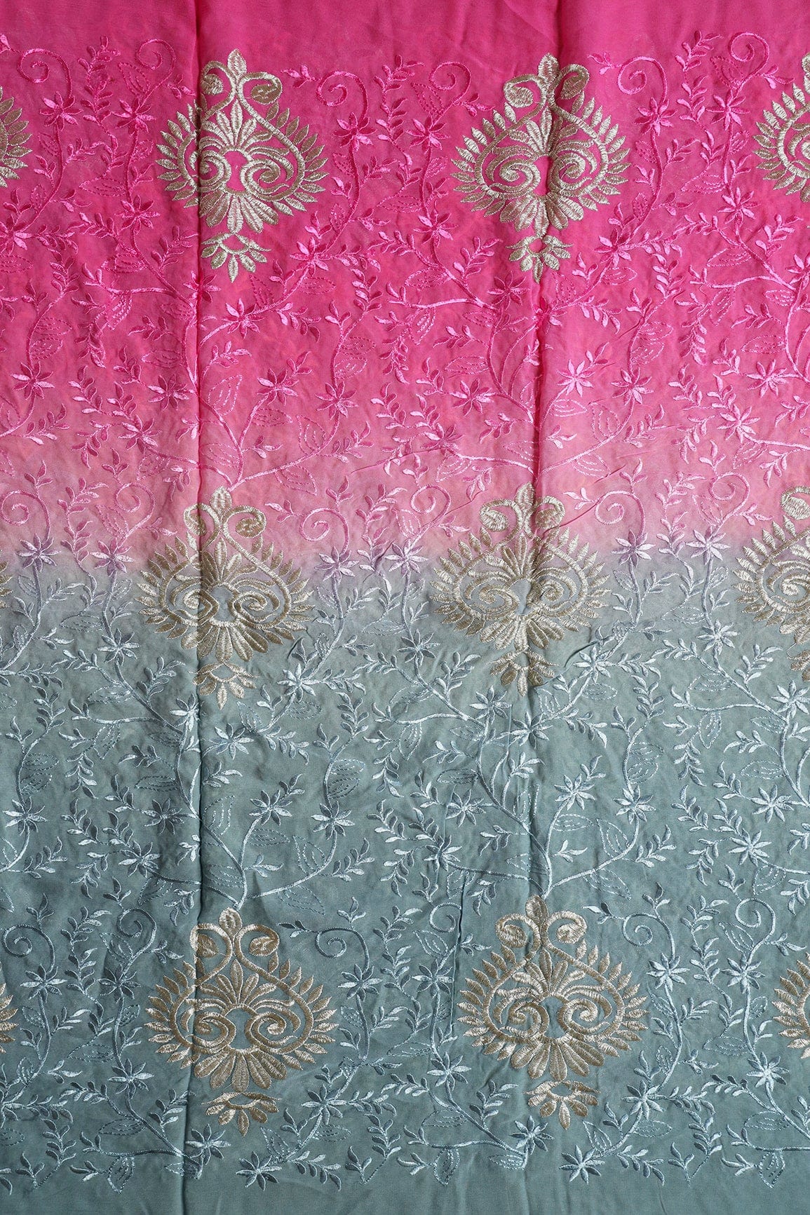 2 Meter Cut Piece Of Multi Thread With Silver Zari Floral Embroidery On Multi Color Viscose Georgette Fabric - doeraa