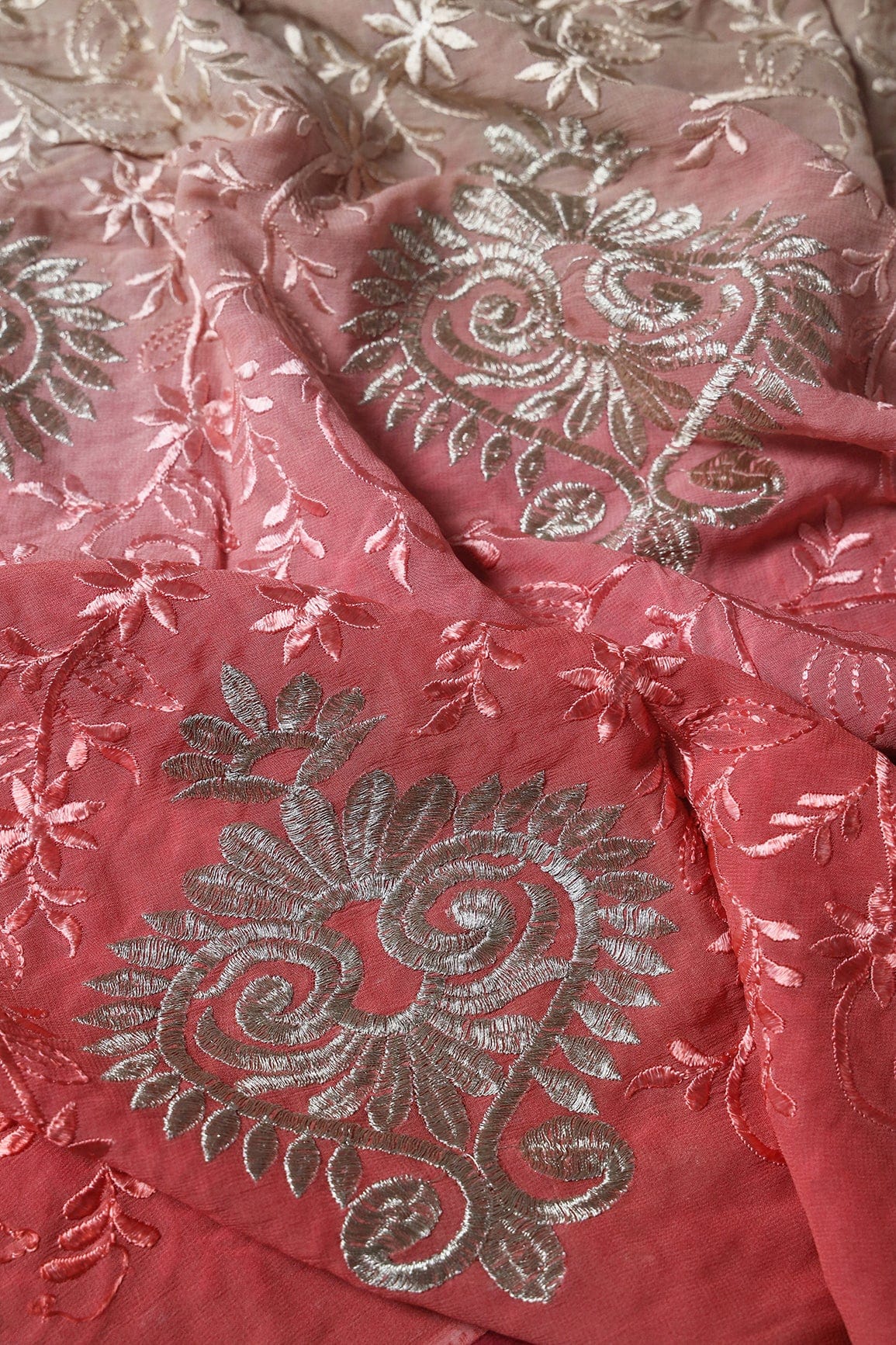 2 Meter Cut Piece Of Multi Thread With Silver Zari Floral Embroidery On Multi Color Viscose Georgette Fabric - doeraa