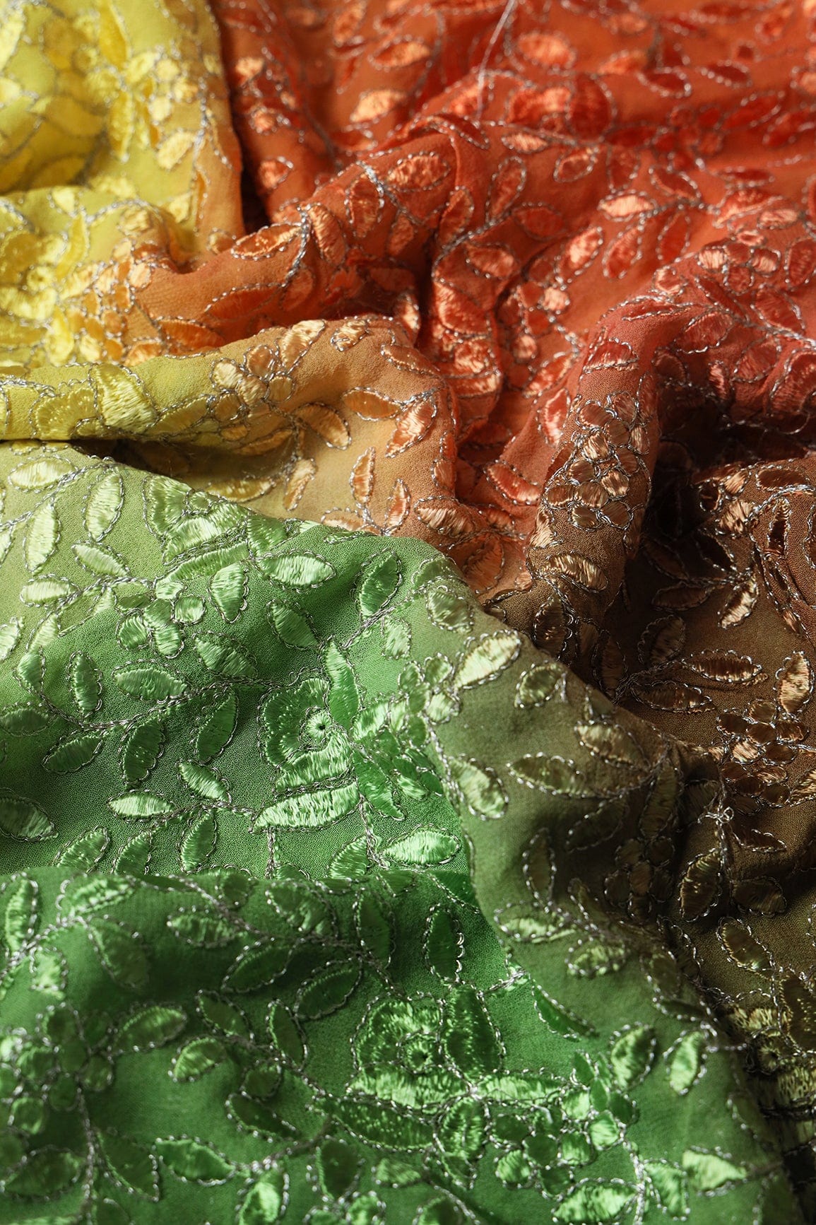 2 Meter Cut Piece Of Multi Thread With Zari Leafy Embroidery On Multi Color Viscose Georgette Fabric - doeraa