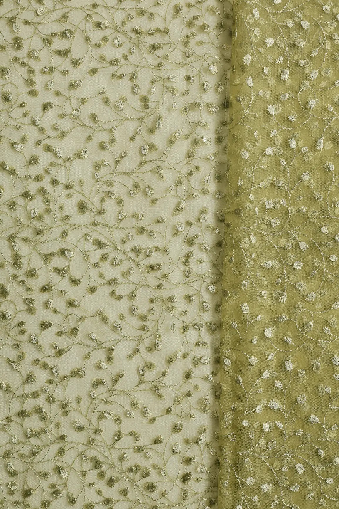 2 Meter Cut Piece Of Olive Thread With Water Sequins Leafy Embroidery On Olive Soft Net Fabric - doeraa