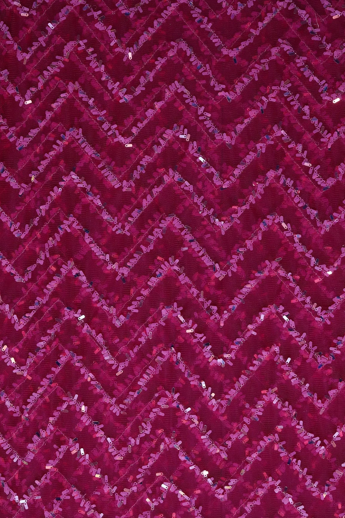 2 Meter Cut Piece Of Oval Sequins Chevron Embroidery Work On Fuchsia Soft Net Fabric - doeraa
