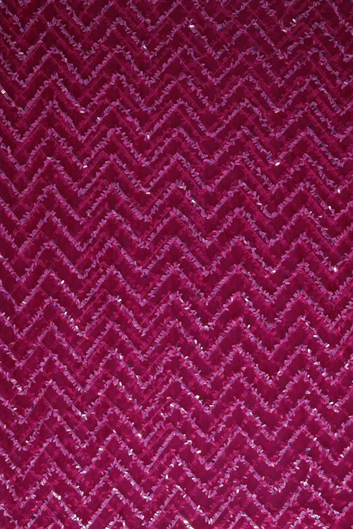 2 Meter Cut Piece Of Oval Sequins Chevron Embroidery Work On Fuchsia Soft Net Fabric - doeraa