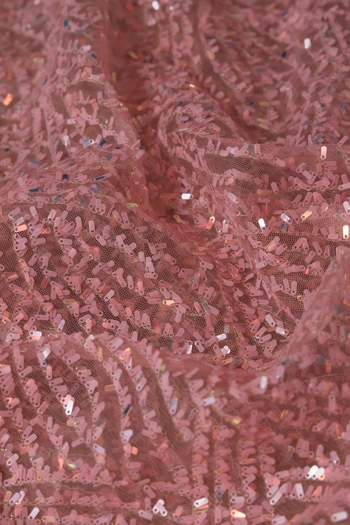 2 Meter Cut Piece Of Oval Sequins Geometric Embroidery Work On Pink Soft Net Fabric - doeraa