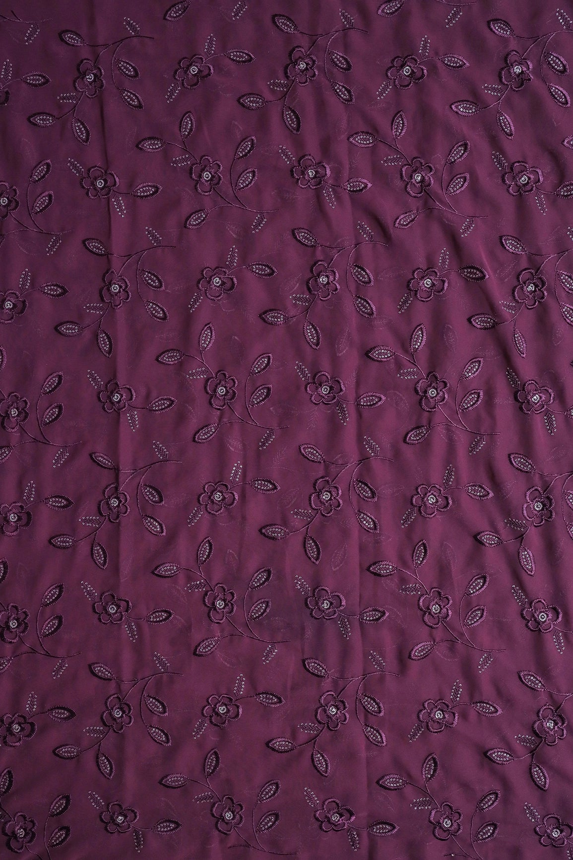 2 Meter Cut Piece Of Wine Thread With Gold Sequins Floral Embroidery On Wine Georgette Fabric - doeraa