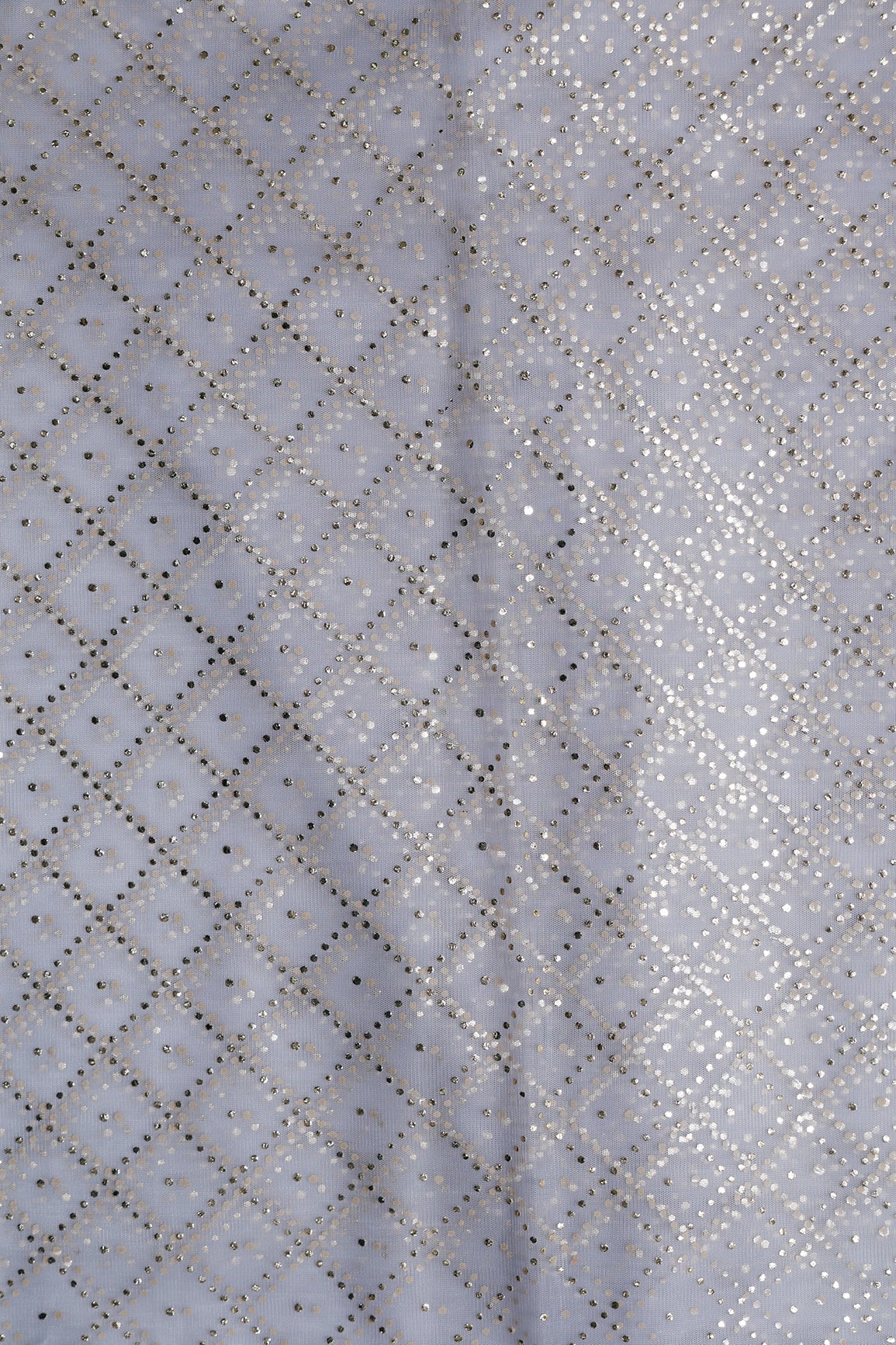2.25 Meter Cut Piece Of Checks Pattern With Foil Print On Grey Soft Net Fabric - doeraa