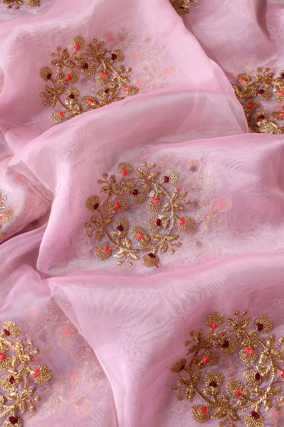 2.25 Meter Cut Piece Of Gold Zari With Gold Sequins Floral Butta Embroidery On Baby Pink Tissue Fabric - doeraa