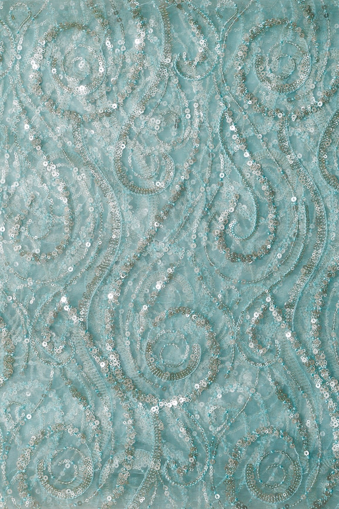 2.25 Meter Cut Piece Of Gorgeous Multi Sequins Geometric Embroidery On Light Sky Blue Soft Net Fabric - doeraa