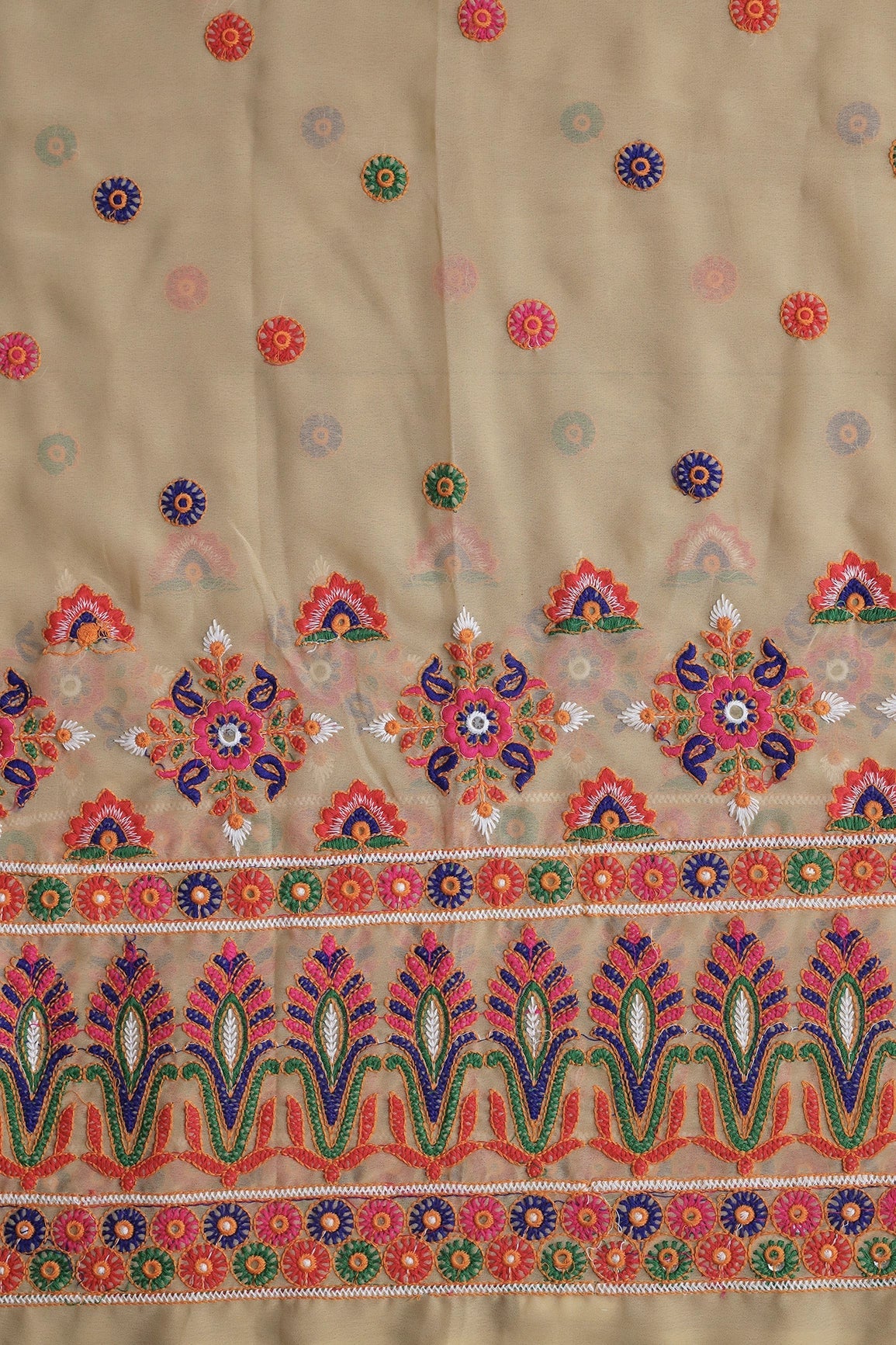 2.25 Meter Cut Piece Of Multi Thread Gamthi Embroidery Work On Beige Georgette Fabric - doeraa