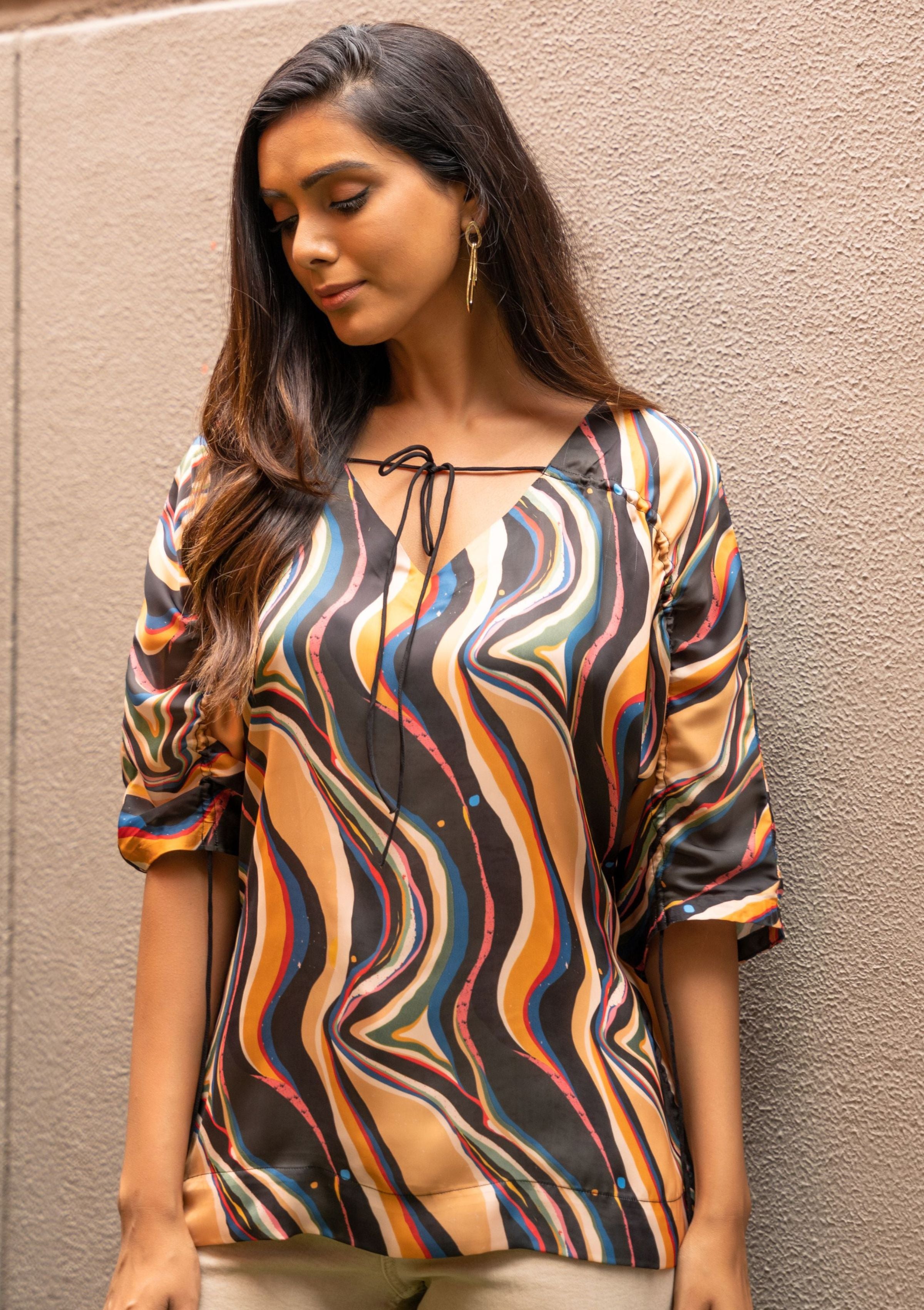 Galaxy Abstract Drawstring Satin Top