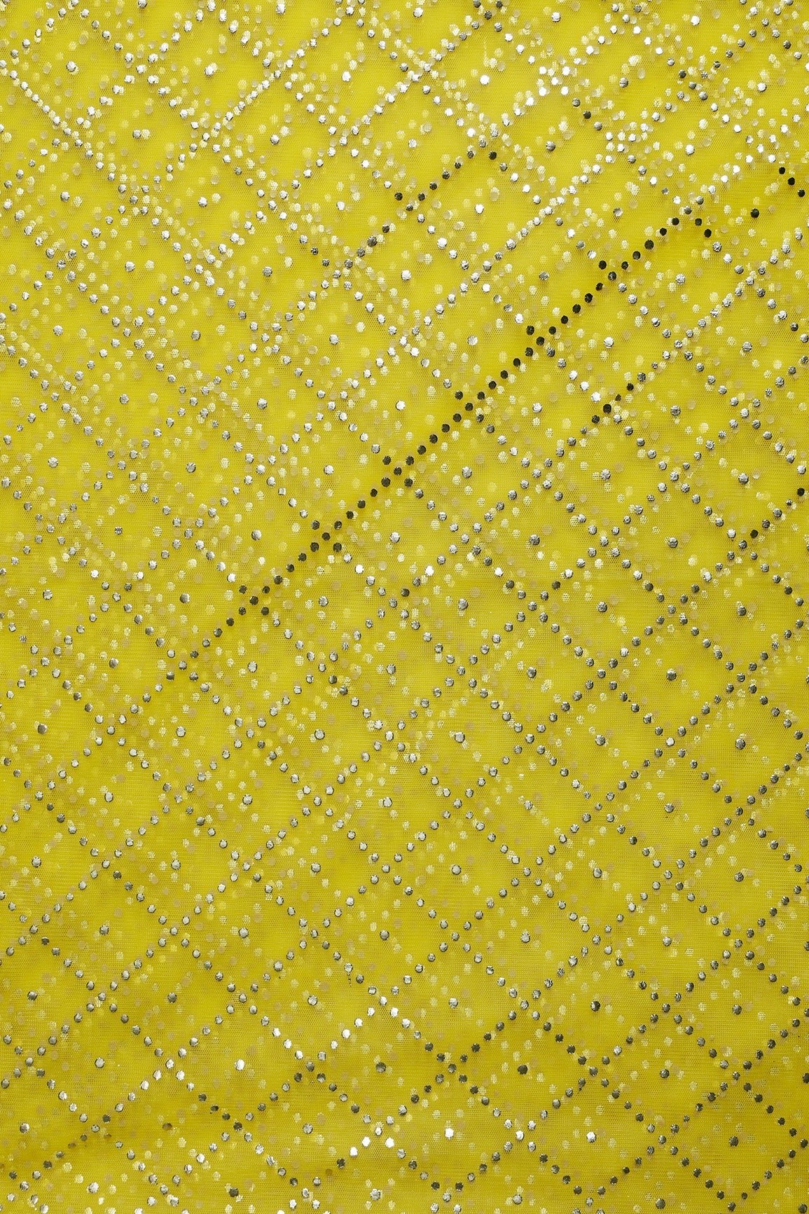 2.50 Meter Cut Piece Of Checks Pattern With Foil Print On Yellow Soft Net Fabric - doeraa