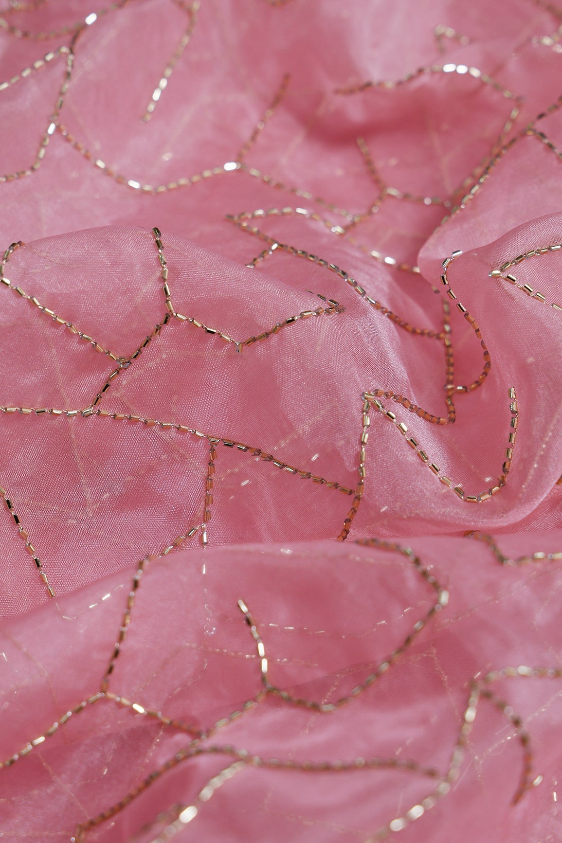 2.50 Meter Cut Piece Of Cut Dana Beads Appealing Abstract Embroidery On Gajri Pink Organza Fabric - doeraa