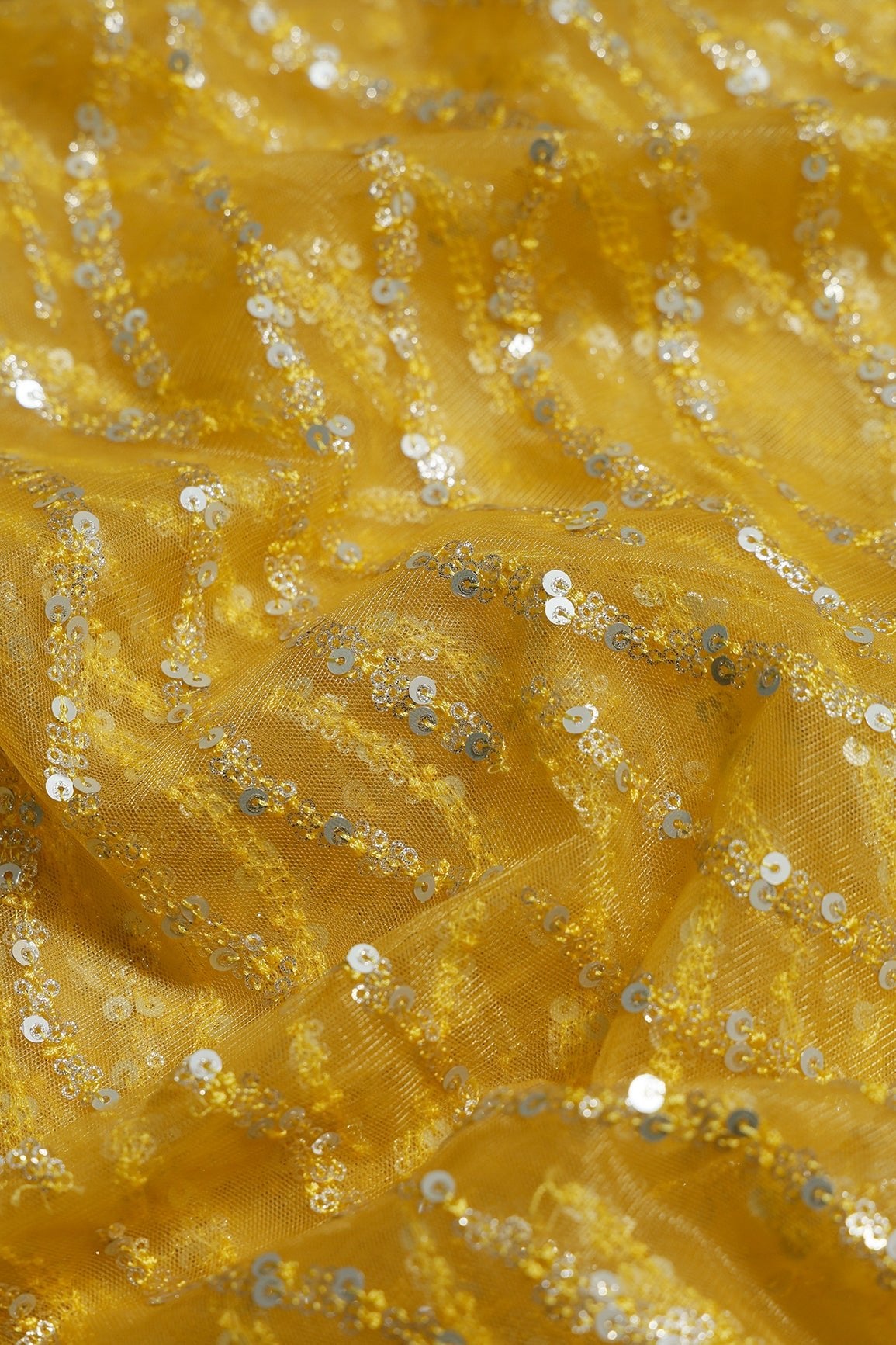 2.50 Meter Cut Piece Of Gold And Silver Sequins With Yellow Thread Wavy Embroidery Work On Yellow Soft Net Fabric - doeraa