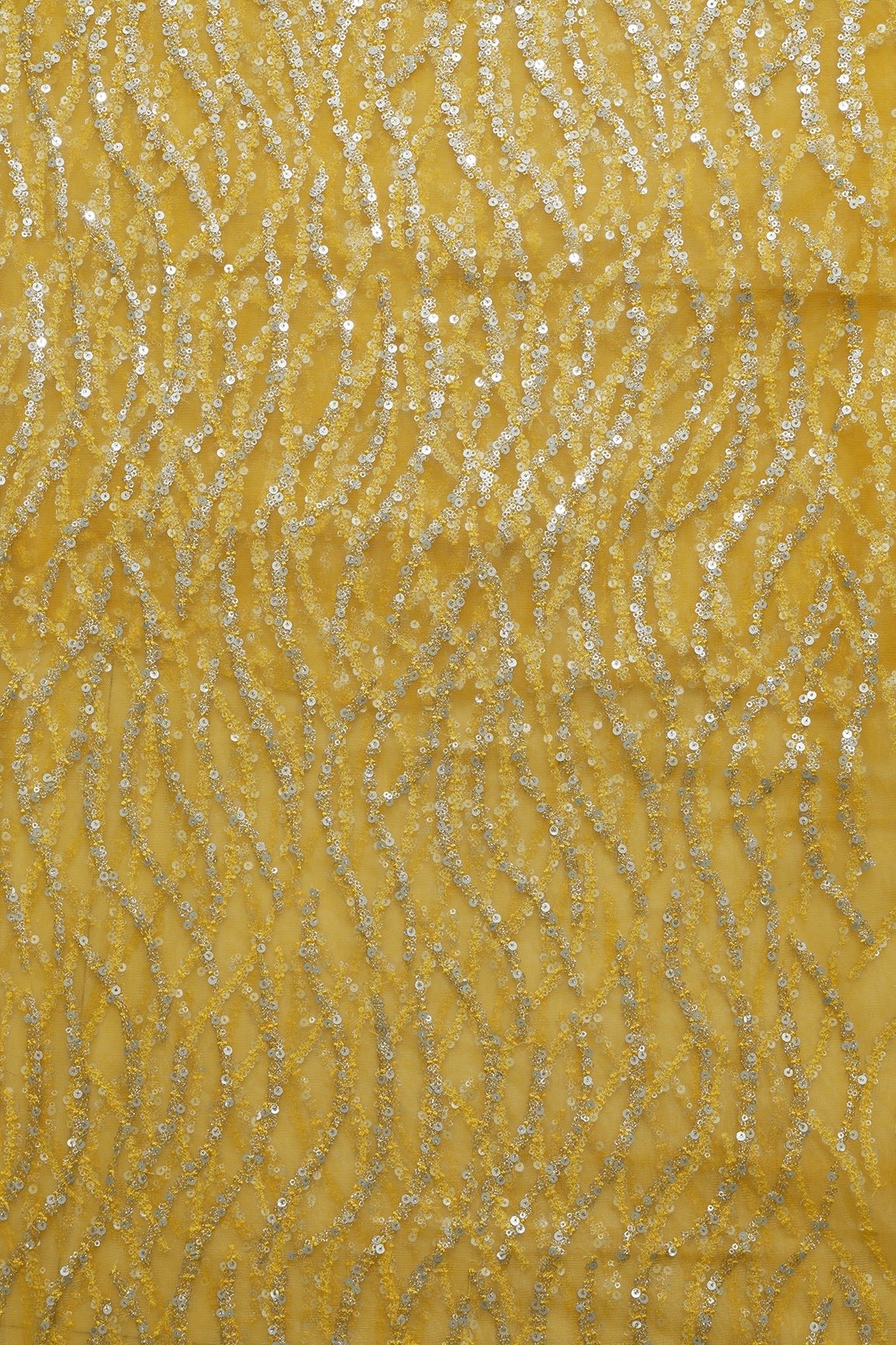 2.50 Meter Cut Piece Of Gold And Silver Sequins With Yellow Thread Wavy Embroidery Work On Yellow Soft Net Fabric - doeraa