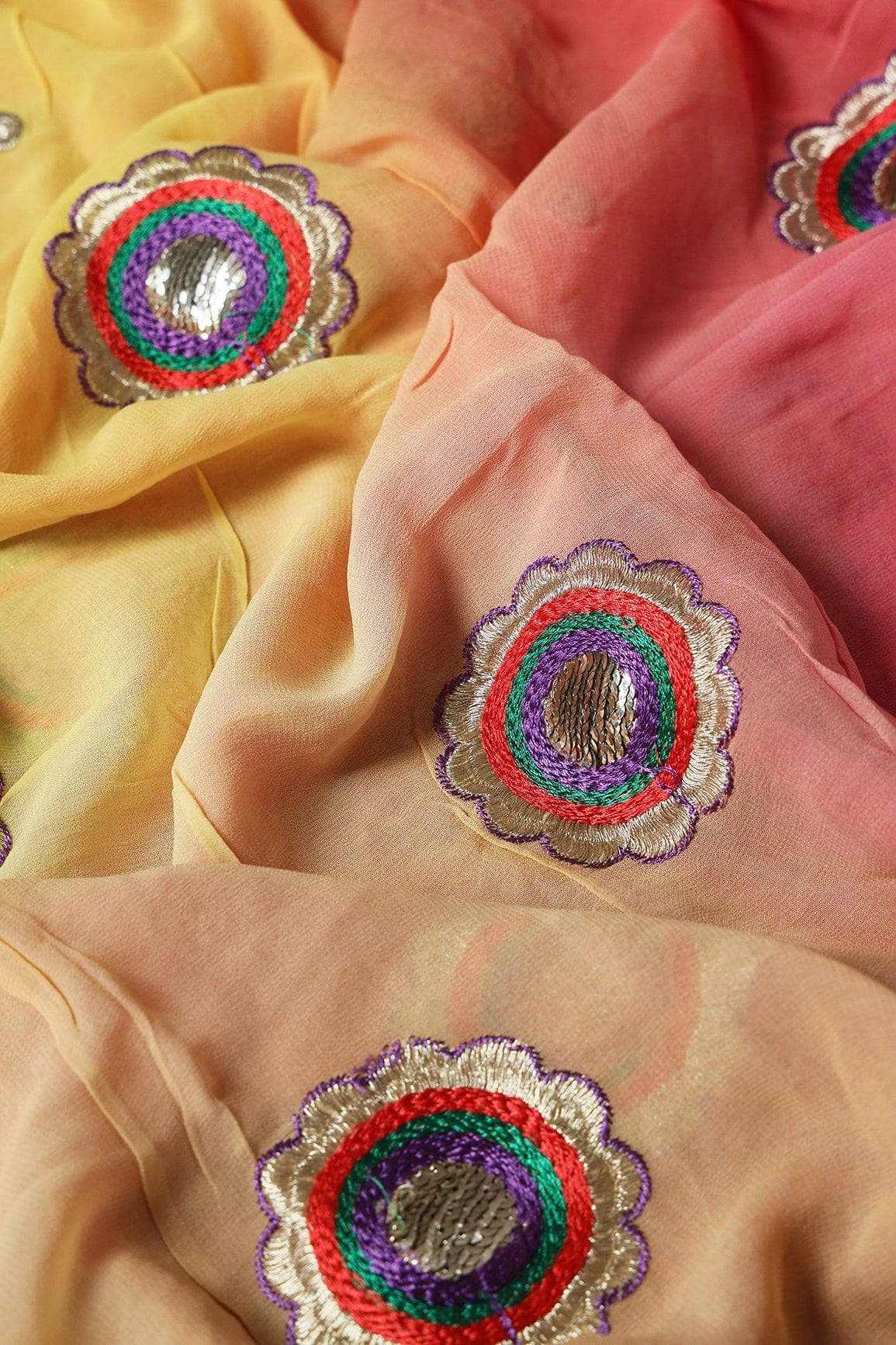2.50 Meter Cut Piece Of Multi Thread With Gold Zari Floral Embroidery On Multi Color Viscose Georgette Fabric - doeraa